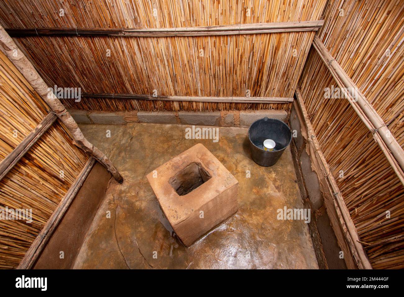 Une latrine à roseau améliorée avec des toilettes en ciment dans une cour en Afrique Banque D'Images