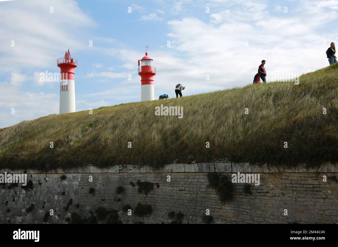 Les phares jumeaux sur l'Ile d'Aix, la Charente-Maritime, la France, l'Europe. Banque D'Images