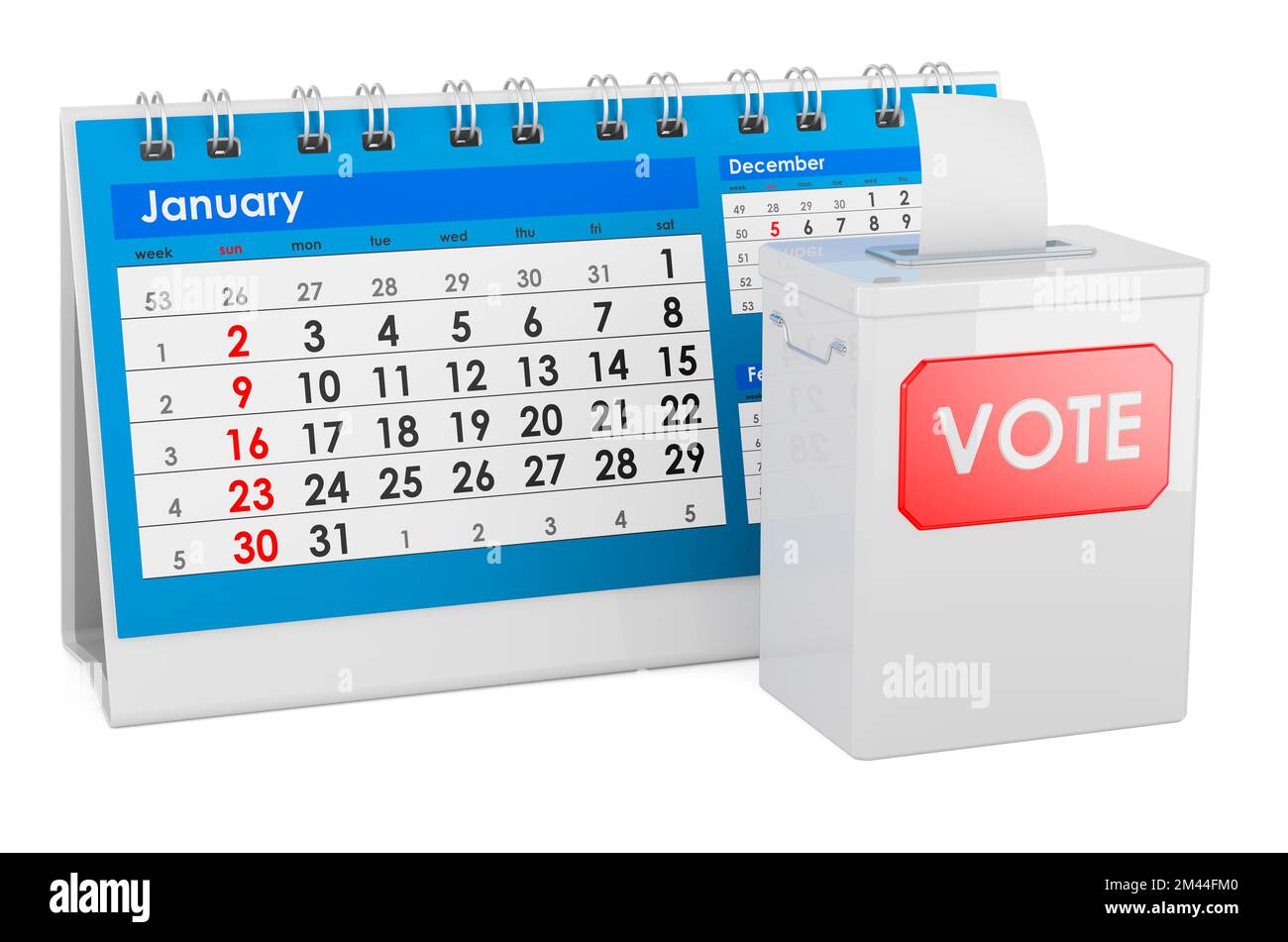 Boîte de vote avec calendrier de bureau, 3D rendu isolé sur fond blanc Banque D'Images