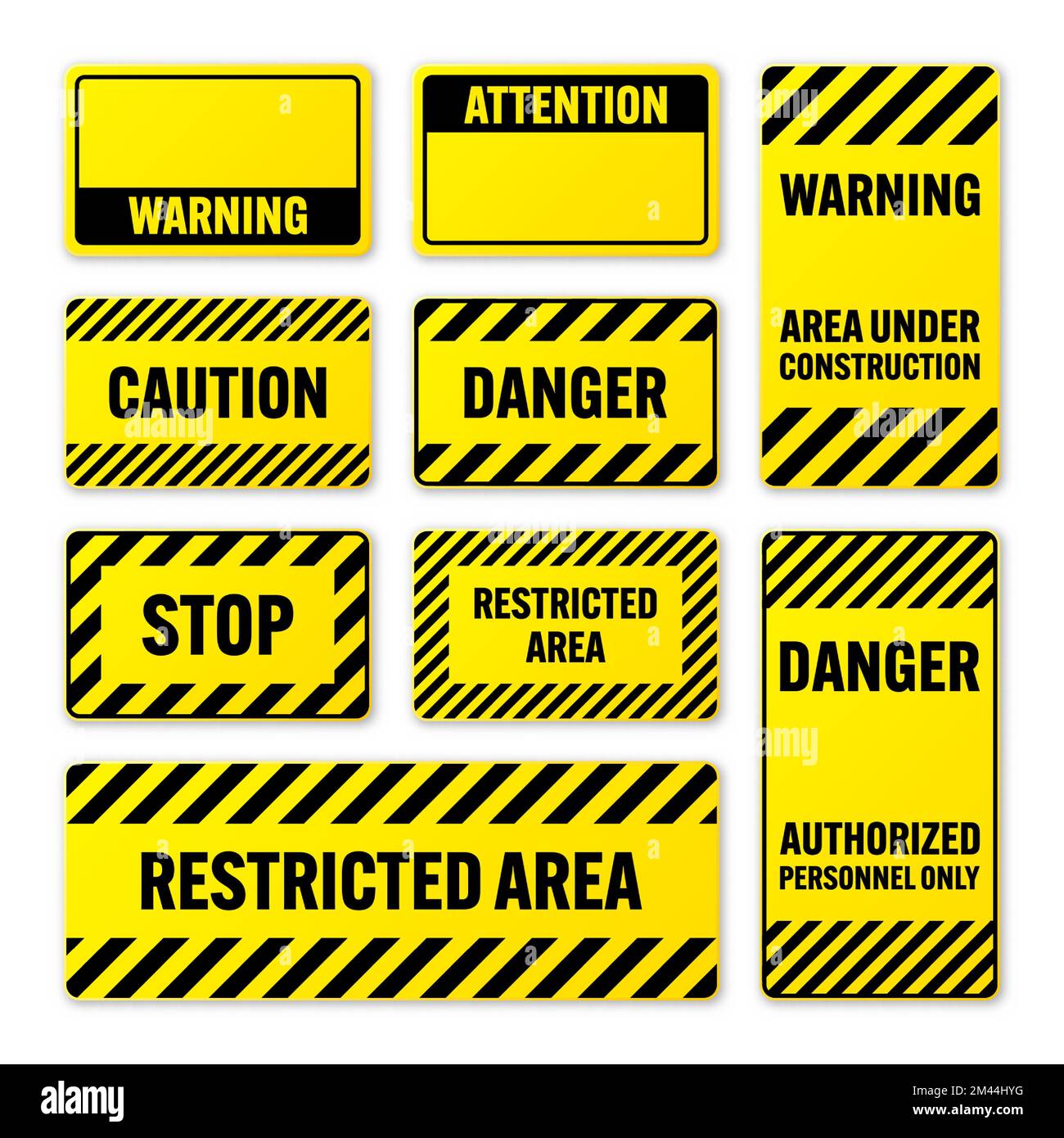 Divers panneaux d'avertissement noirs et jaunes avec lignes diagonales. Panneau attention, danger ou attention, signalisation du chantier. Panneau de signalisation réaliste Illustration de Vecteur