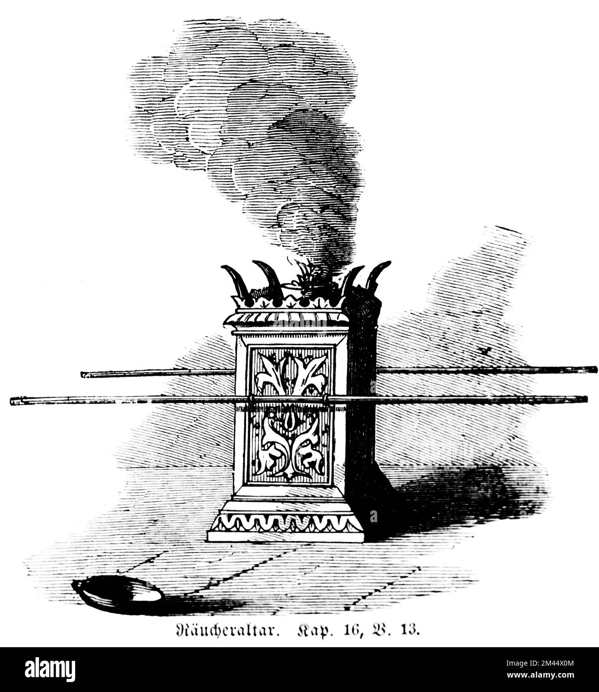 Autel d'encens, Lévitique chapitre 16 verset 13, Bible, tabernacle, carré, fumée, bois d'acacia, feu, sanctuaire, illustration historique 1850 Banque D'Images