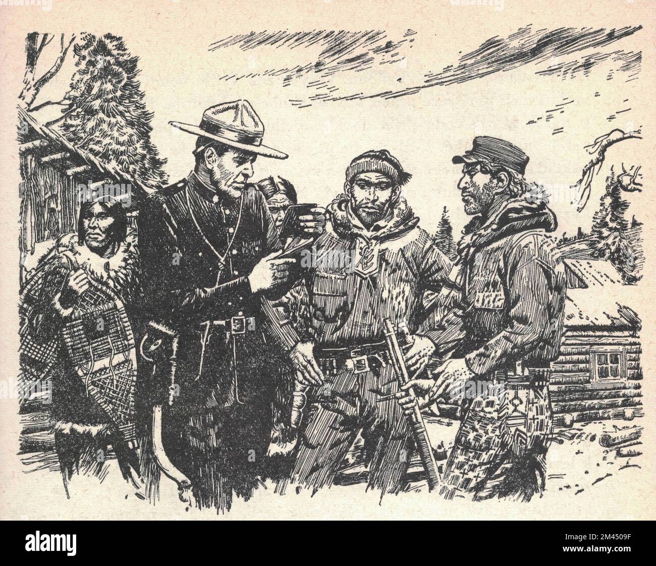 Un policier canadien vérifie les papiers des mineurs d'or. Ancienne illustration en noir et blanc. Dessin vintage. Illustration par Zdenek Burian. Zdenek Michael Frantisek Burian (11 février 1905 à Koprivnice, Moravie, Autriche-Hongrie 1 juillet 1981 à Prague, Tchécoslovaquie) est un peintre, illustrateur de livres et paléoartiste tchèque dont les travaux ont joué un rôle central dans le développement de la reconstruction paléontologique. À l'origine reconnue uniquement en Tchécoslovaquie natale, la renommée de Burian s'est par la suite étendue à un public international au cours d'une carrière remarquable s'étendant sur six décennies (1930s à 1980s). Il est considéré Banque D'Images