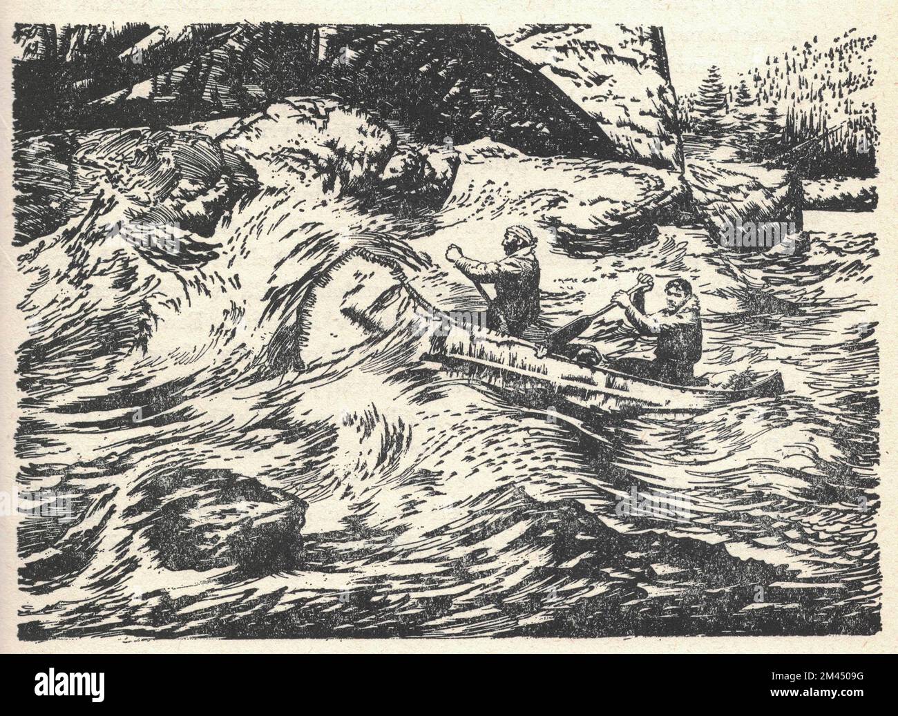 Les chasseurs font du canoë sur la rivière. Ancienne illustration en noir et blanc. Dessin vintage. Illustration par Zdenek Burian. Zdenek Michael Frantisek Burian (11 février 1905 à Koprivnice, Moravie, Autriche-Hongrie 1 juillet 1981 à Prague, Tchécoslovaquie) est un peintre, illustrateur de livres et paléoartiste tchèque dont les travaux ont joué un rôle central dans le développement de la reconstruction paléontologique. À l'origine reconnue uniquement en Tchécoslovaquie natale, la renommée de Burian s'est par la suite étendue à un public international au cours d'une carrière remarquable s'étendant sur six décennies (1930s à 1980s). Il est considéré par beaucoup comme l'un des Mo Banque D'Images