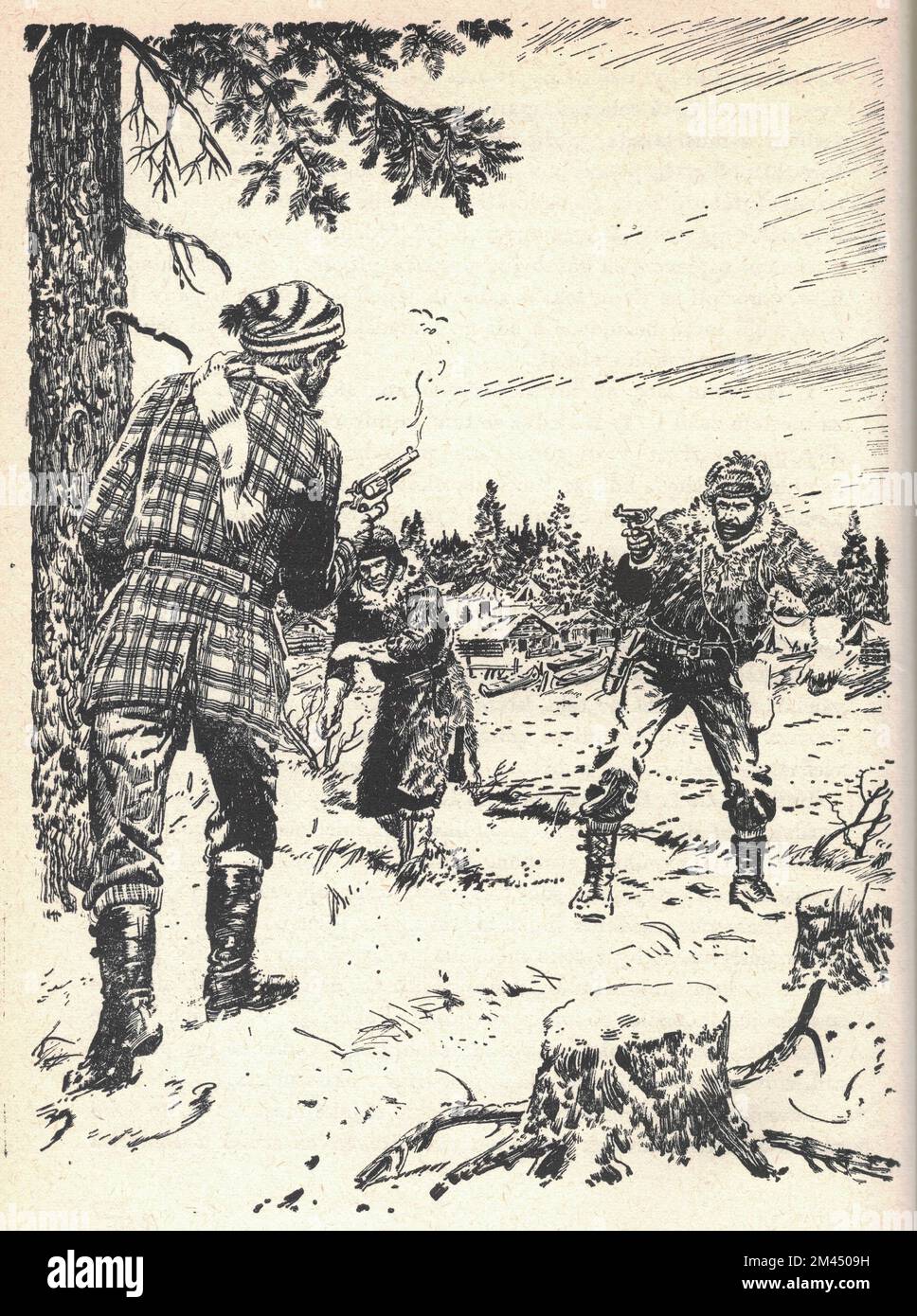 Un combat entre chasseurs. Ancienne illustration en noir et blanc. Dessin vintage. Illustration par Zdenek Burian. Zdenek Michael Frantisek Burian (11 février 1905 à Koprivnice, Moravie, Autriche-Hongrie 1 juillet 1981 à Prague, Tchécoslovaquie) est un peintre, illustrateur de livres et paléoartiste tchèque dont les travaux ont joué un rôle central dans le développement de la reconstruction paléontologique. À l'origine reconnue uniquement en Tchécoslovaquie natale, la renommée de Burian s'est par la suite étendue à un public international au cours d'une carrière remarquable s'étendant sur six décennies (1930s à 1980s). Il est considéré par beaucoup comme l'un des Mo Banque D'Images