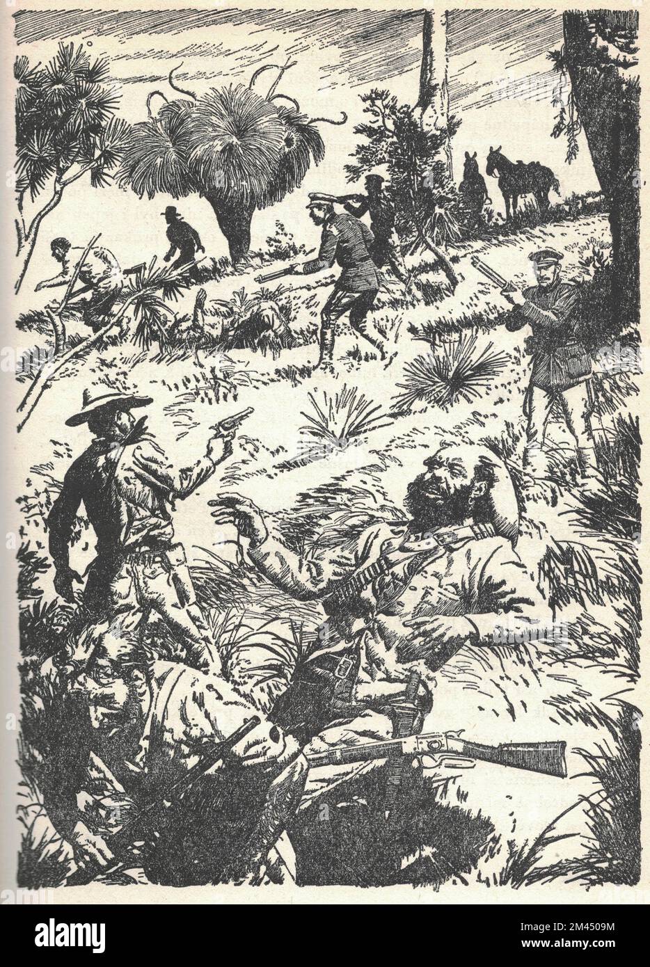 Une fusillade entre la police et une bande de détenus. Ancienne illustration en noir et blanc. Dessin vintage. Illustration par Zdenek Burian. Zdenek Michael Frantisek Burian (11 février 1905 à Koprivnice, Moravie, Autriche-Hongrie 1 juillet 1981 à Prague, Tchécoslovaquie) est un peintre, illustrateur de livres et paléoartiste tchèque dont les travaux ont joué un rôle central dans le développement de la reconstruction paléontologique. À l'origine reconnue uniquement en Tchécoslovaquie natale, la renommée de Burian s'est par la suite étendue à un public international au cours d'une carrière remarquable s'étendant sur six décennies (1930s à 1980s). Il est regarde Banque D'Images