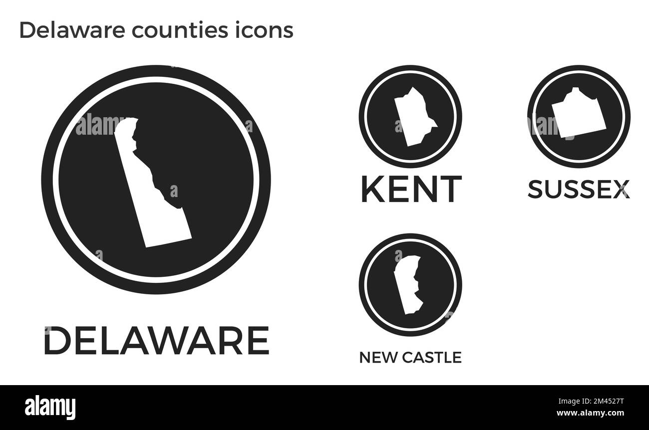 Icônes des comtés du Delaware. Logos ronds noirs avec cartes et titres des États-Unis. Illustration vectorielle. Illustration de Vecteur