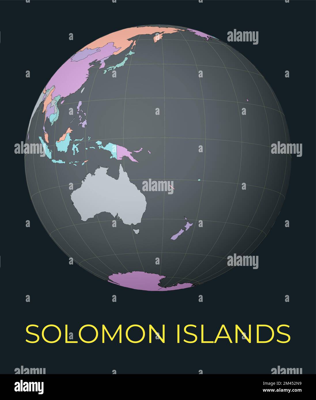 Carte du monde centrée sur les Îles Salomon. Pays rouge mis en surbrillance. Vue satellite du monde centrée sur le pays avec le nom. Illustration vectorielle. Illustration de Vecteur