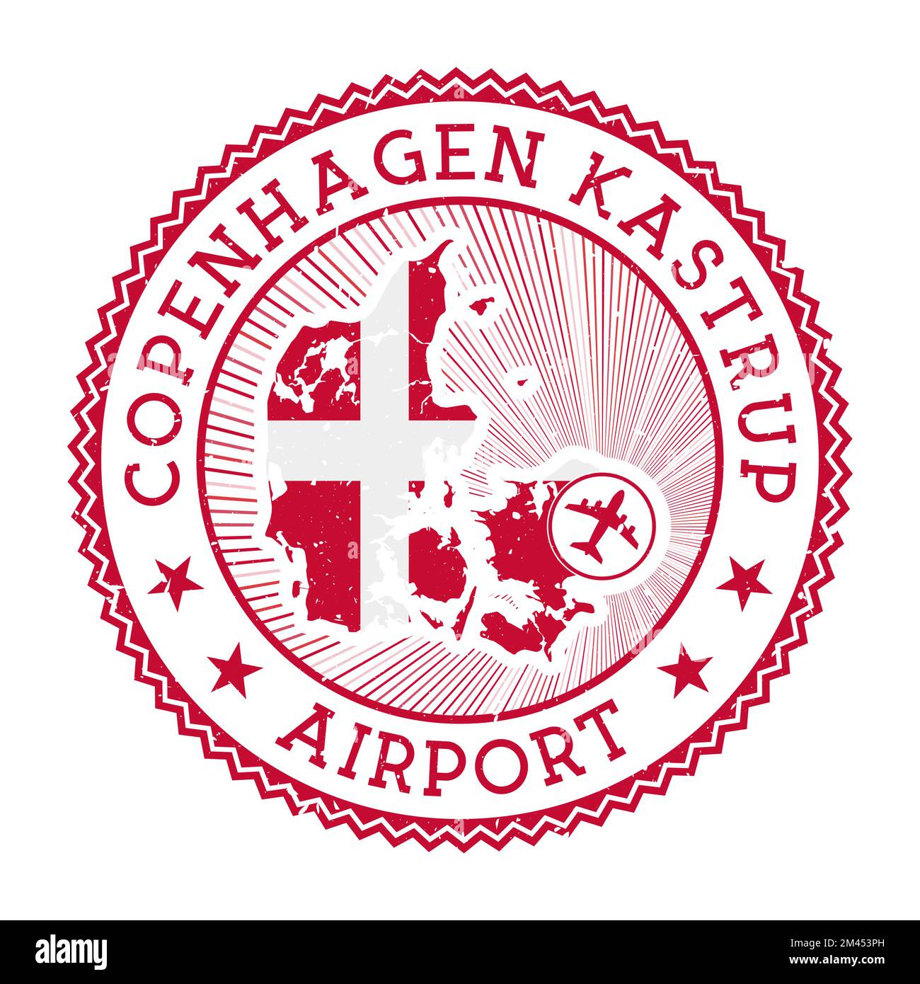 Cachet de l'aéroport Kastrup de Copenhague. Illustration vectorielle de logo d'aéroport. Aéroport de Copenhague avec drapeau national. Illustration de Vecteur