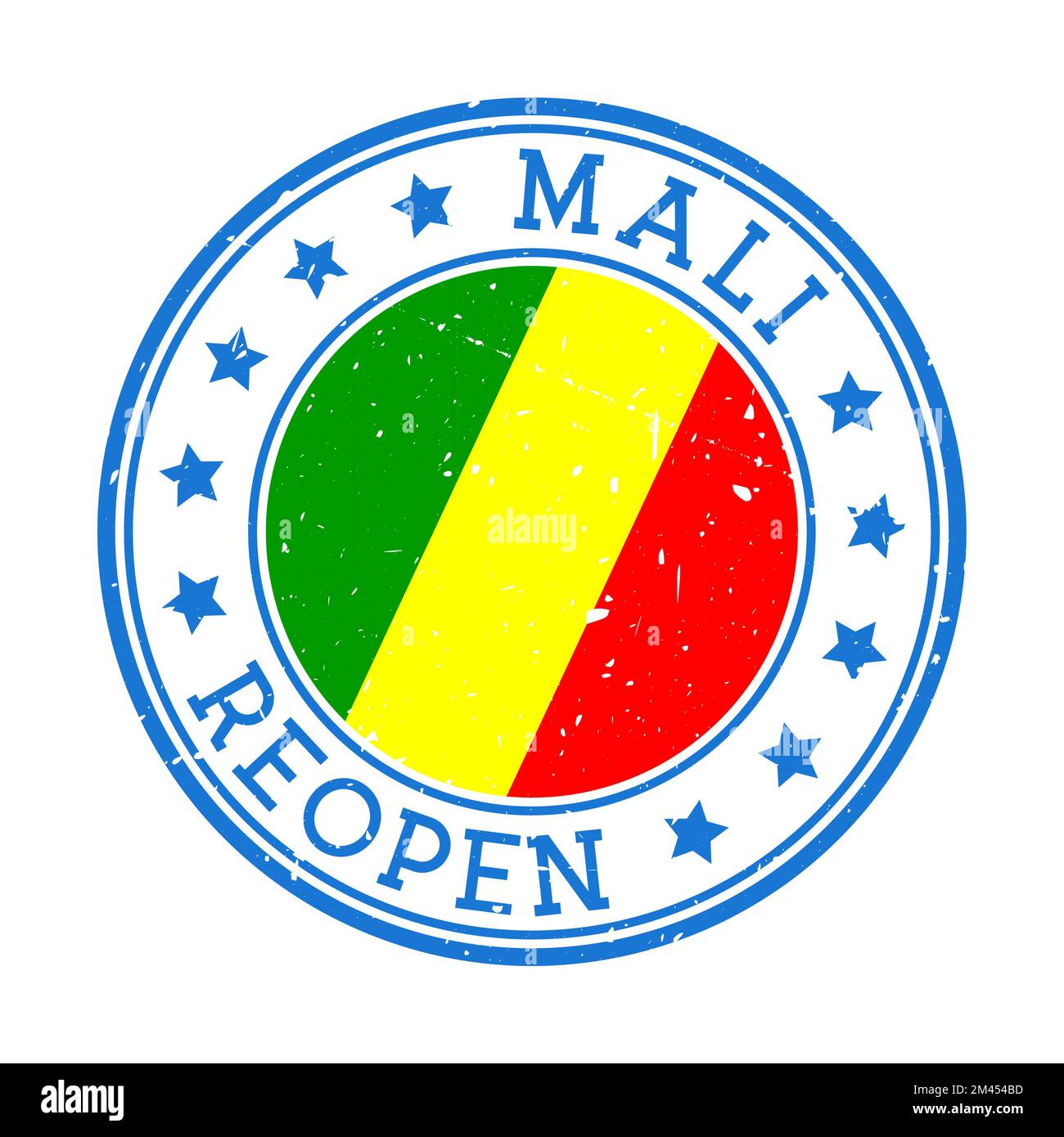Timbre de réouverture du Mali. Badge rond du pays avec drapeau du Mali. Panneau de réouverture après verrouillage. Illustration vectorielle. Illustration de Vecteur