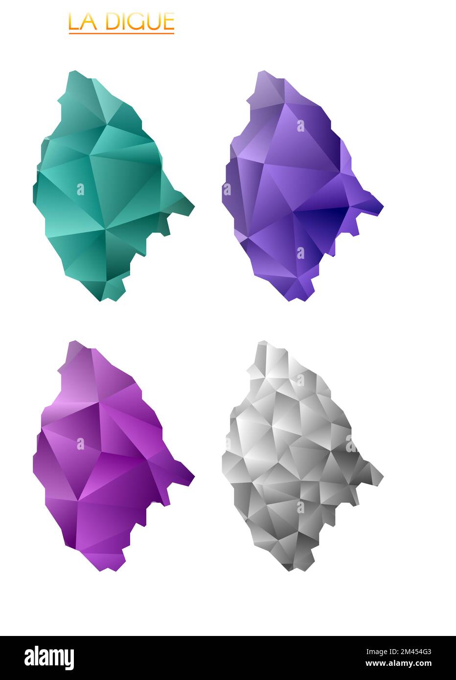 Ensemble de cartes polygonales vectorielles de la Digue. Carte en dégradé lumineux de l'île dans le style poly bas. Illustration de Vecteur