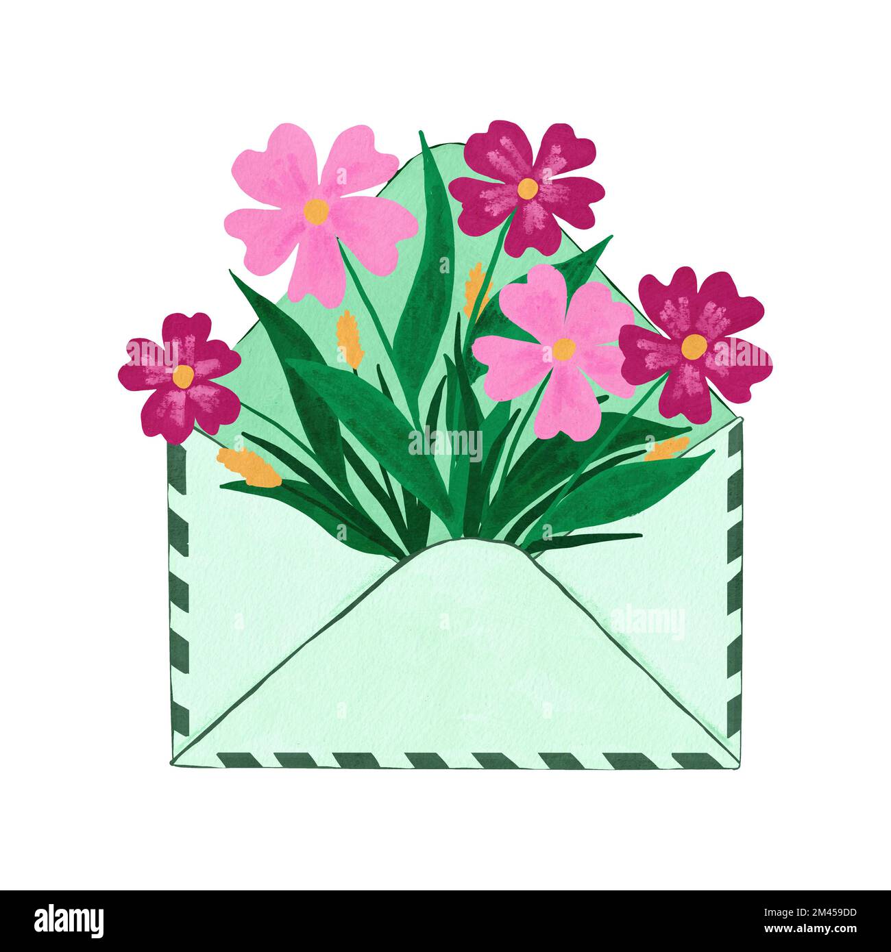 Illustration dessinée à la main de la liste d'envoi d'enveloppes à lettres ouvertes, envoi d'une carte d'invitation d'informations commerciales. Rose printemps fleurs d'été dans les feuilles vertes feuillage floral rouge, carte de remerciement de l'amour Banque D'Images