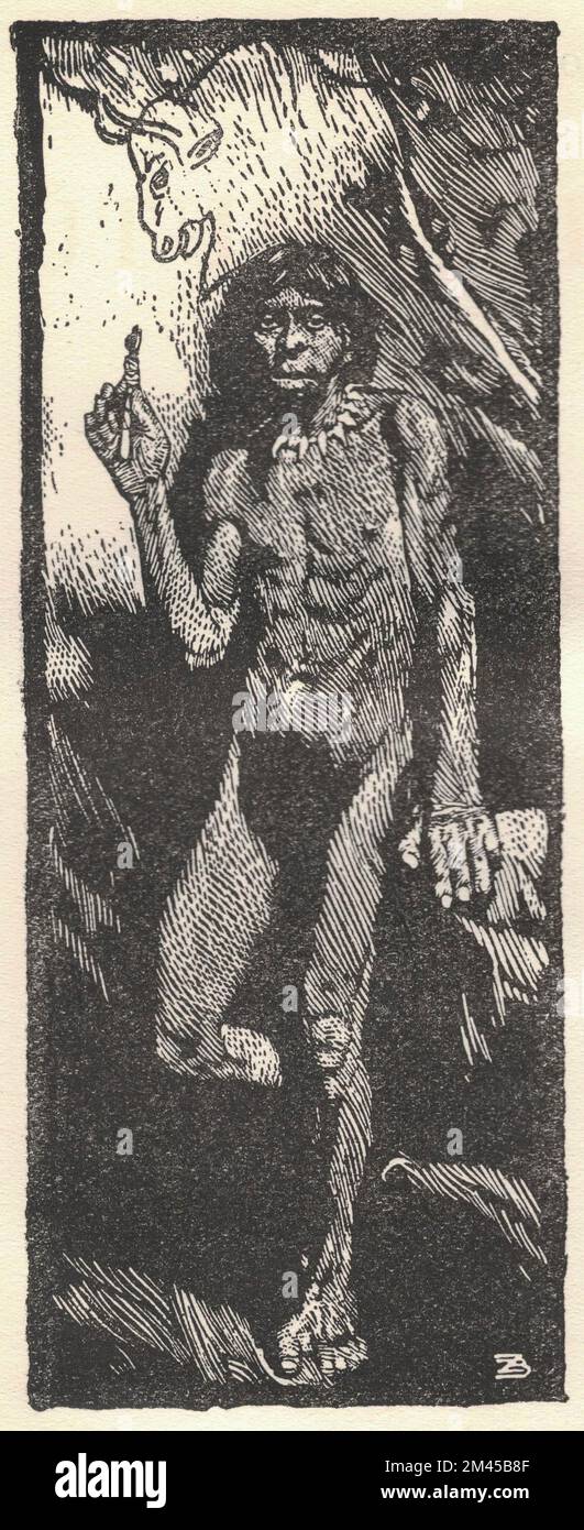 Un homme préhistorique et un dessin sur le mur de la grotte. Ancienne illustration en noir et blanc. Dessin vintage. Illustration par Zdenek Burian. Zdenek Michael Frantisek Burian (11 février 1905 à Koprivnice, Moravie, Autriche-Hongrie 1 juillet 1981 à Prague, Tchécoslovaquie) est un peintre, illustrateur de livres et paléoartiste tchèque dont les travaux ont joué un rôle central dans le développement de la reconstruction paléontologique. À l'origine reconnue uniquement en Tchécoslovaquie natale, la renommée de Burian s'est par la suite étendue à un public international au cours d'une carrière remarquable s'étendant sur six décennies (1930s à 1980s). Il est considéré par Banque D'Images