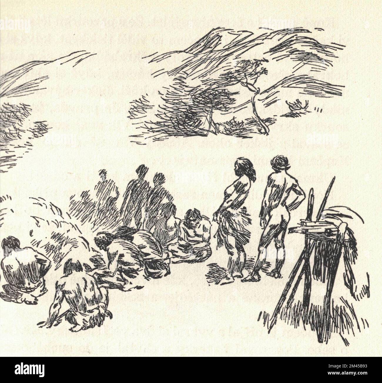 Préhistoriques autour du feu. Ancienne illustration en noir et blanc. Dessin vintage. Illustration par Zdenek Burian. Zdenek Michael Frantisek Burian (11 février 1905 à Koprivnice, Moravie, Autriche-Hongrie 1 juillet 1981 à Prague, Tchécoslovaquie) est un peintre, illustrateur de livres et paléoartiste tchèque dont les travaux ont joué un rôle central dans le développement de la reconstruction paléontologique. À l'origine reconnue uniquement en Tchécoslovaquie natale, la renommée de Burian s'est par la suite étendue à un public international au cours d'une carrière remarquable s'étendant sur six décennies (1930s à 1980s). Il est considéré par beaucoup comme un o Banque D'Images