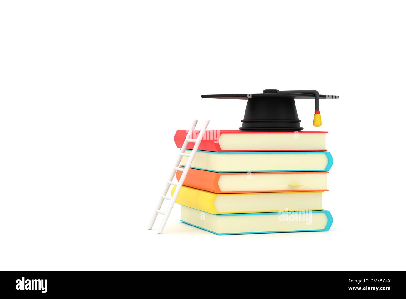 3D à propos de l'éducation présentant une échelle reposant contre une pile de livres avec un chapeau de graduation sur le dessus Banque D'Images