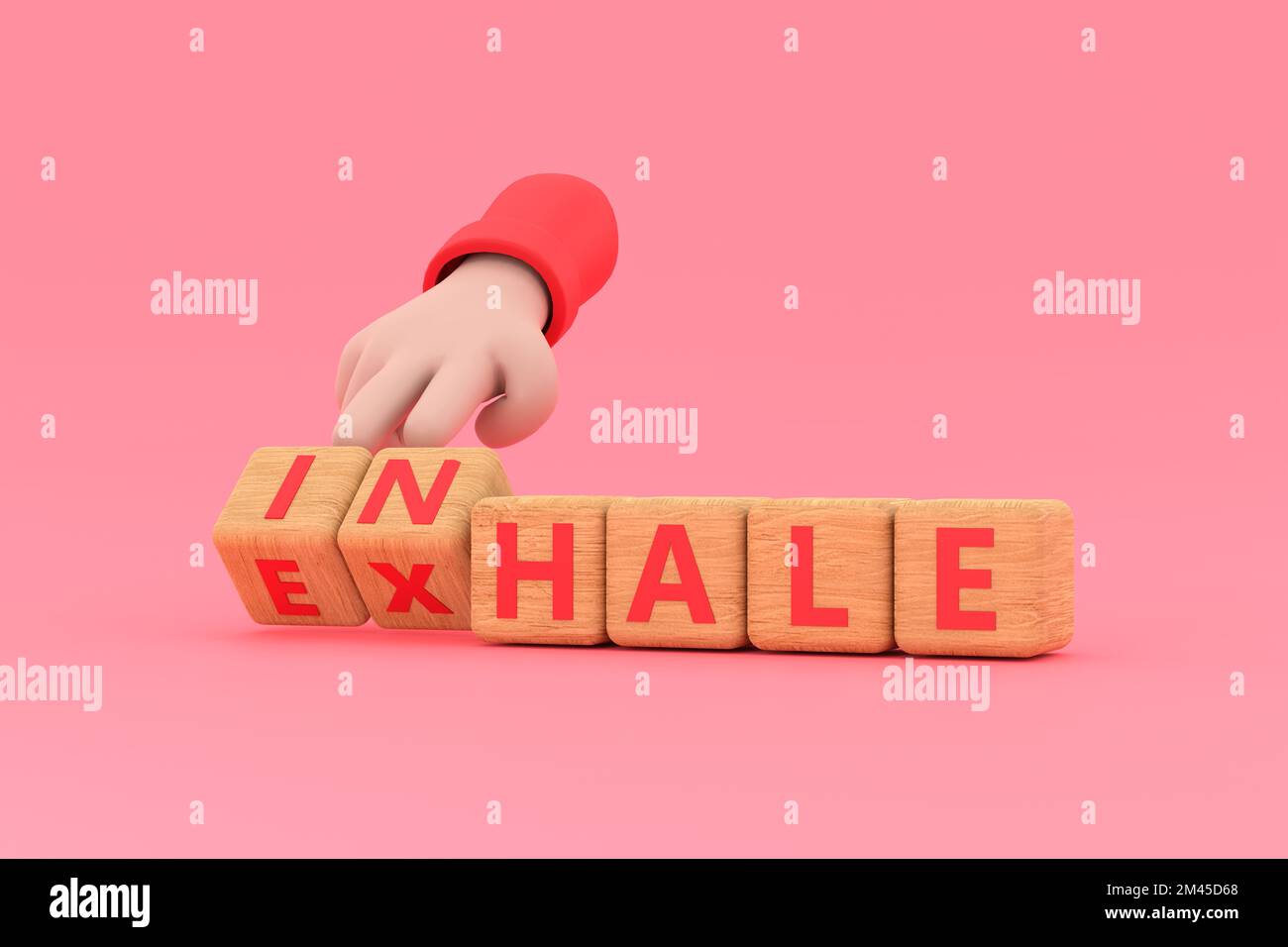 3d. La main tourne les dés et change le mot « INSPIRE » en « EXPIRE ». Inspiration, expiration concept. Banque D'Images