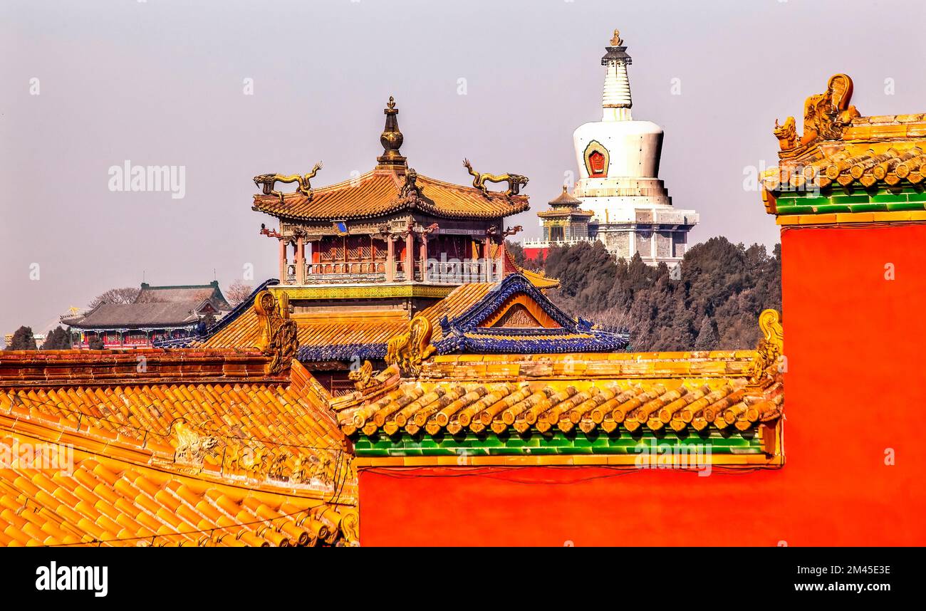 Beihai bouddhiste Stupa toits jaunes Pavillon du dragon Gugong, Cité interdite Figures Décoration Palais de l'empereur construit en 1400s dans la Ming Dyn Banque D'Images