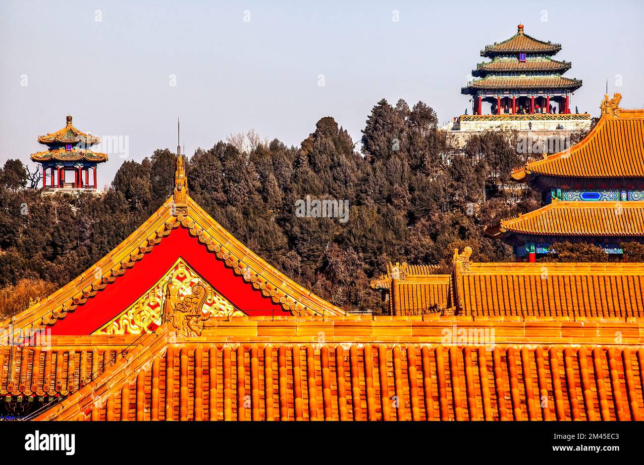 JinshanPark Pavilions de la Cité interdite toits jaunes Gugong décorations Palais de l'empereur Beijing Chine construit en 1400s dans la dynastie Ming Banque D'Images