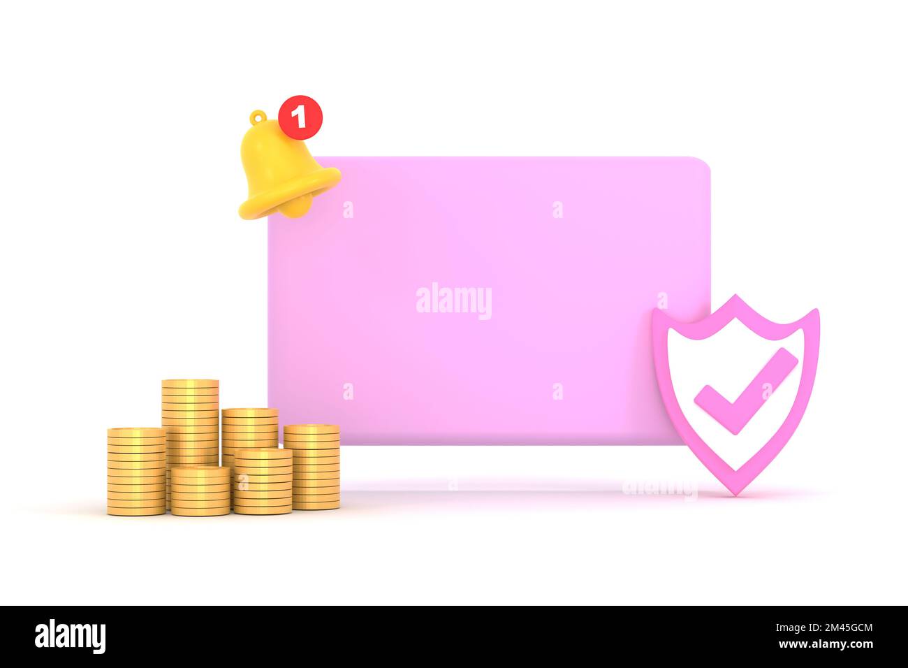 3D. Fenêtre contextuelle de rappel vide, icône de cloche de notification avec bouclier, coche et pièces. Banque D'Images