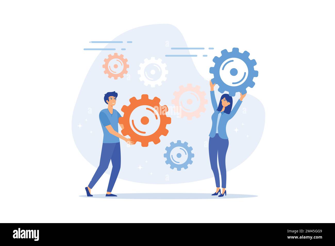 travail d'équipe sur la recherche de nouvelles idées, peu de gens lancent un mécanisme, la recherche de nouvelles solutions, le travail créatif, l'illustration moderne à vecteur plat Illustration de Vecteur