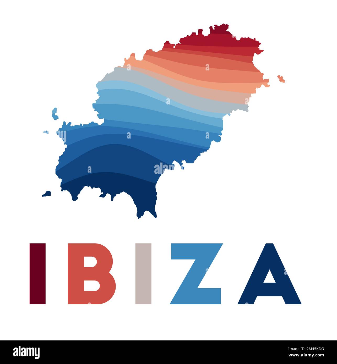 Carte Ibiza. Carte de l'île avec de belles vagues géométriques dans les couleurs bleu rouge. Une forme Ibiza éclatante. Illustration vectorielle. Illustration de Vecteur