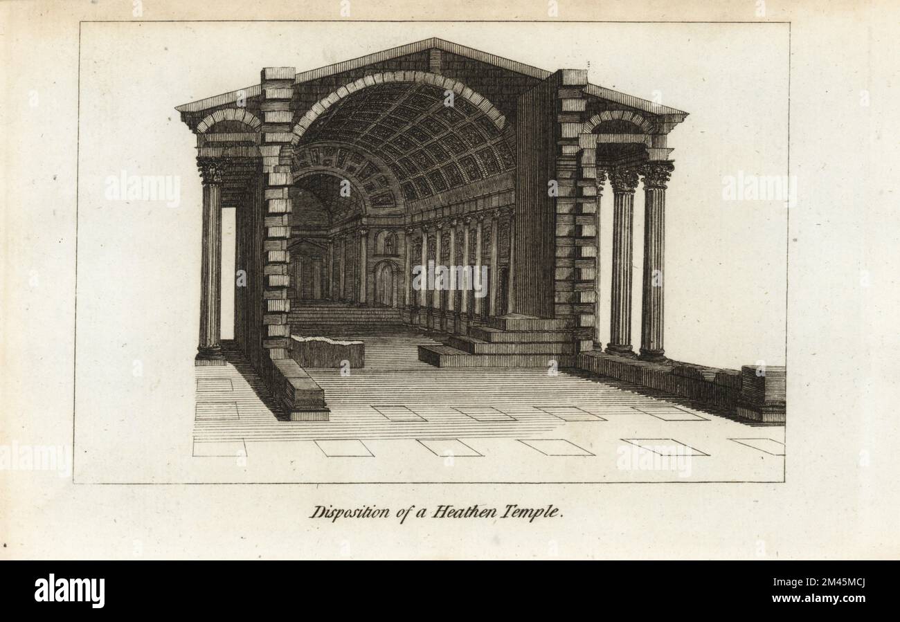 Plan et section d'un ancien temple romain. Portique à huit colonnes enlevé pour montrer l'intérieur avec des piliers, des alcôves pour des statues de dieux, des chambres pour des robes sacerdotiques. Disposition d'un temple de bruyère. Gravure sur plaque de coperplate de Francis Fitzgerald, The Artist’s Repository and Drawing Magazine, Charles Taylor, Londres, 1785. Banque D'Images