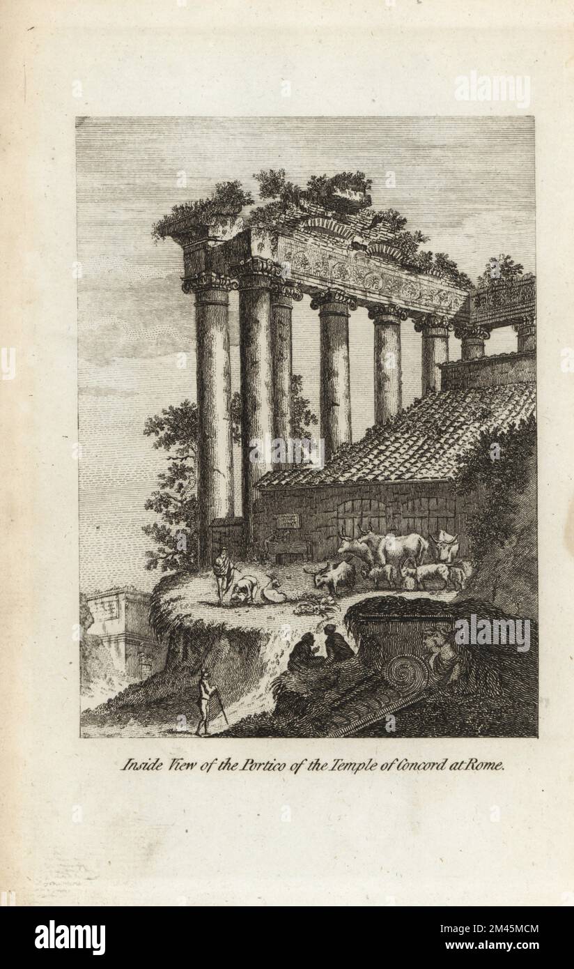 Vue intérieure du portique du Temple de Concord, Rome. Les agriculteurs romains broutent des bovins dans les ruines du temple de 4th siècle avant J.-C. Les Aedes Concordiae étaient une série de temples consacrés à la déesse romaine Concordia. Gravure sur plaque de coperplate de Francis Fitzgerald, The Artist’s Repository and Drawing Magazine, Charles Taylor, Londres, 1785. Banque D'Images