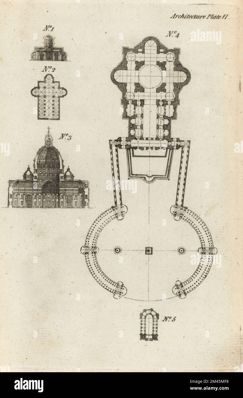 Section 1 et plan de la basilique Saint-Laurent Augustin à Rome, section 3 et plan 4 de la basilique Saint-Pierre à Rome, et plan de la chapelle catholique à Versailles. Gravure sur plaque de coperplate de Francis Fitzgerald, The Artist’s Repository and Drawing Magazine, Charles Taylor, Londres, 1785. Banque D'Images