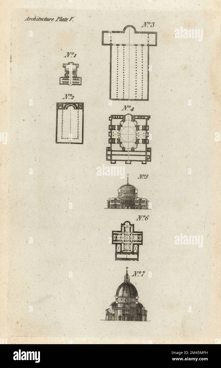 Plan des catacombes souterraines 1, plan d'une ancienne église de Palladio 2, plan de l'ancienne St Pierre à Rome 3, plan 4 et section 5 de Sancta Sophia à Constantinople, plan de Saint Marc à Venise 6, Section de l'église Sainte-Marie des fleurs à Florence 7. Banque D'Images