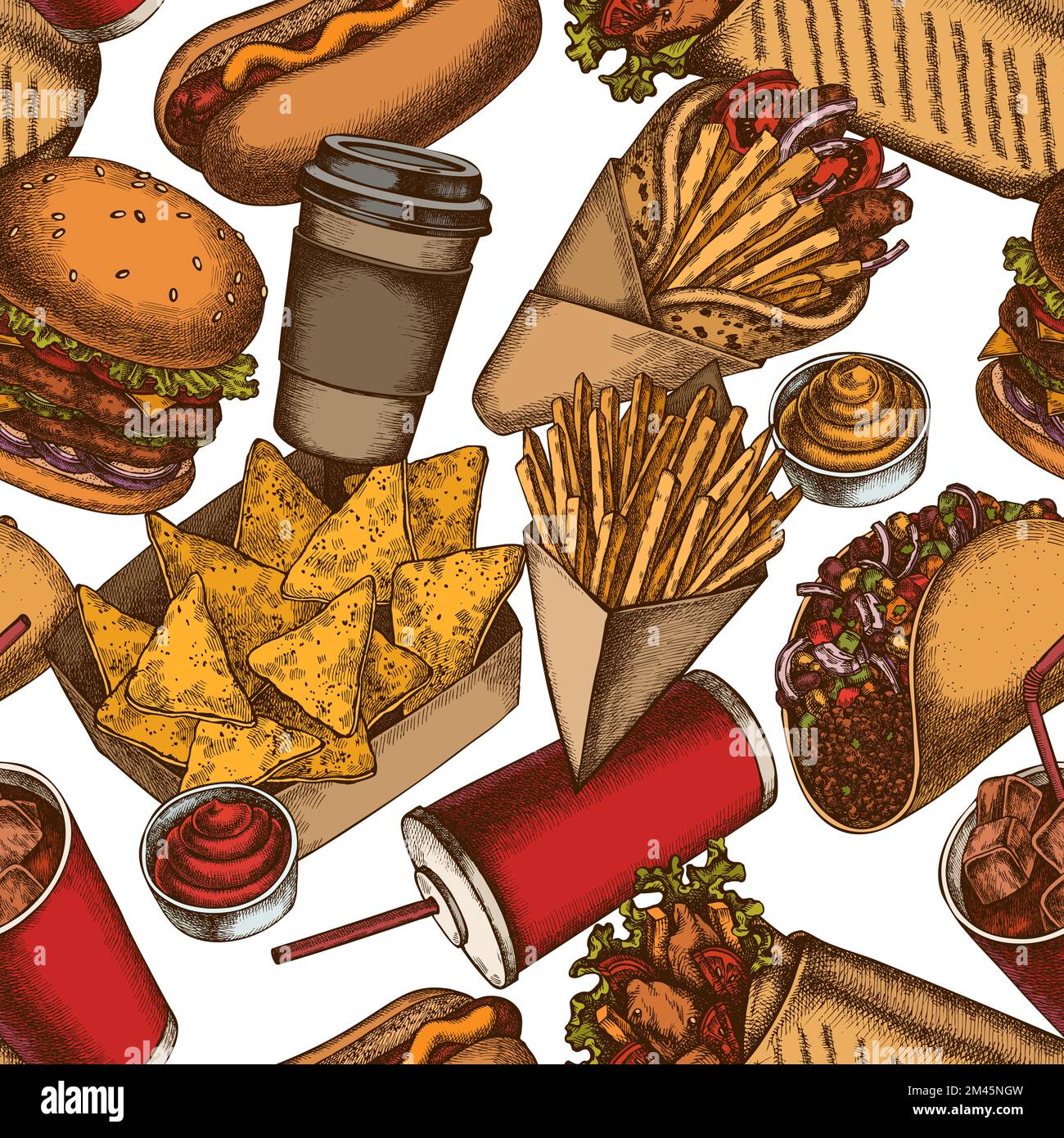 Motif Street food sans couture. Style gravé. Sauces dessinées à la main, nachos, soda, hamburgers, tacos, shawarma, frites, hot dog, papier Illustration de Vecteur