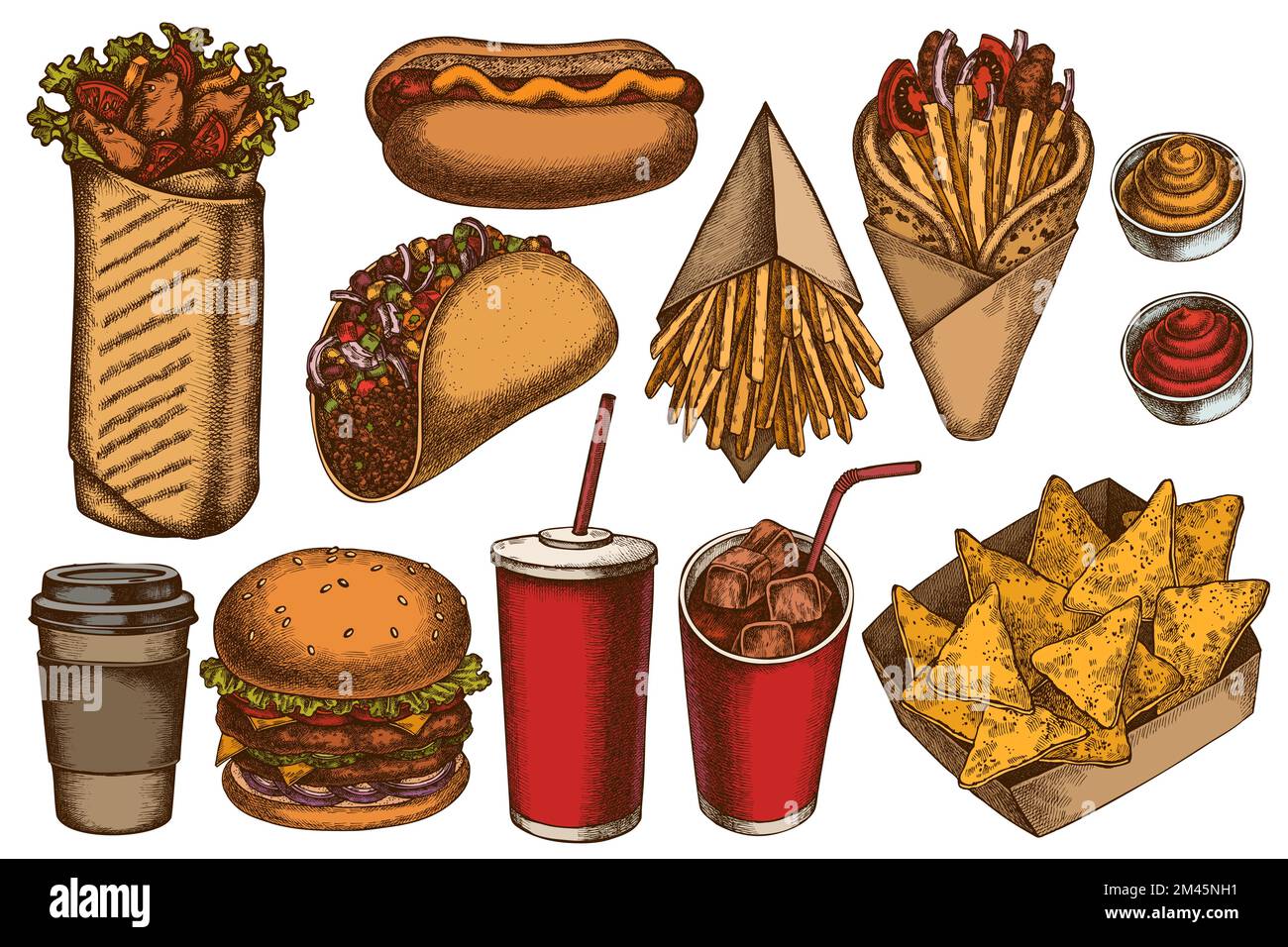 Collection d'illustrations vectorielles dessinées à la main Street Food. Sauces colorées, nachos, soda, gyros, hamburgers, taco, shawarma, frites, hot dog, gobelet en papier. Illustration de Vecteur