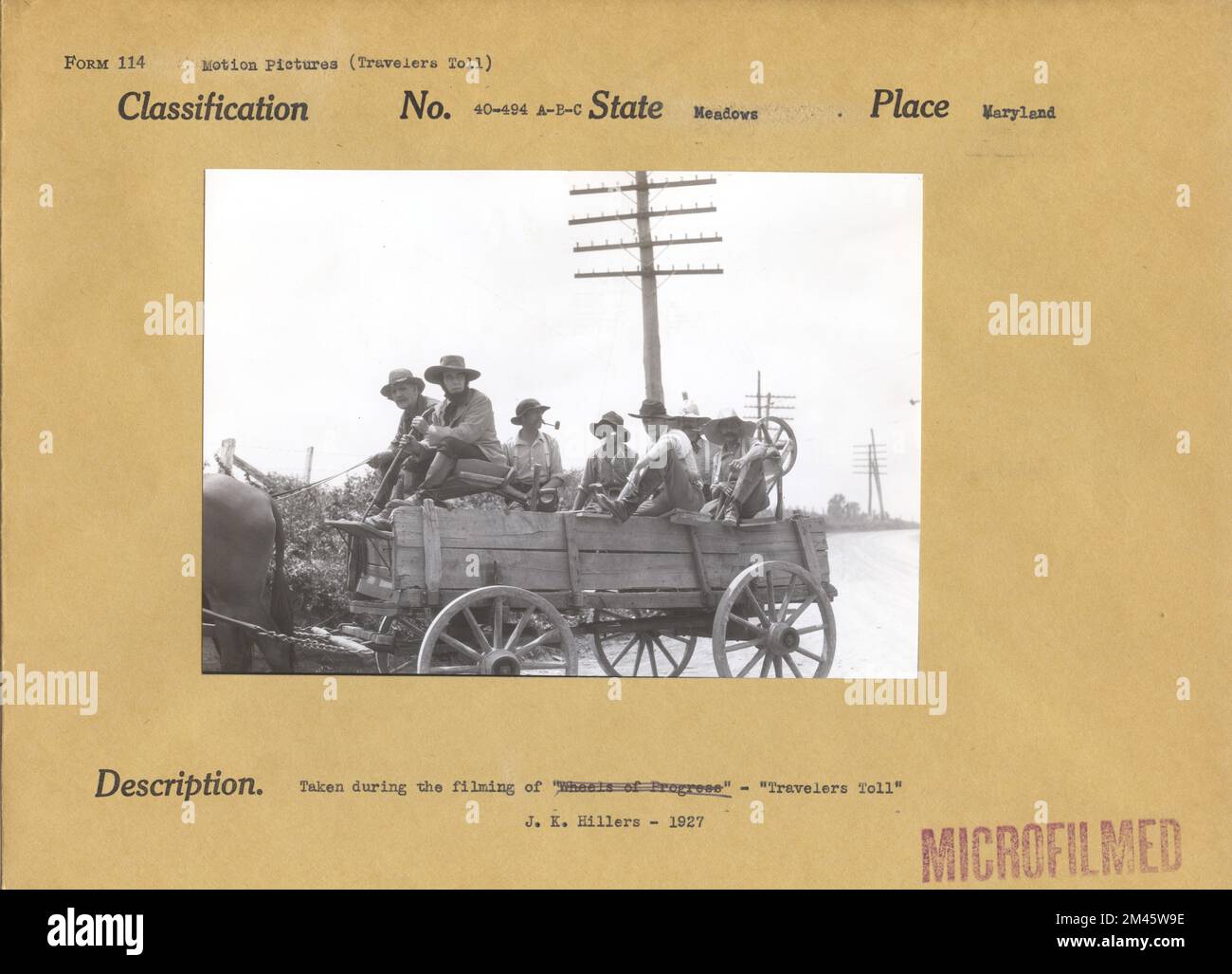 Photographie prise pendant le tournage de « Travelers Toll ». Légende originale : prise pendant le tournage de « Wheels of Progress » - « Travelers Toll ». J. K. Hillers - 1927. État: Maryland place: Meadows. Banque D'Images