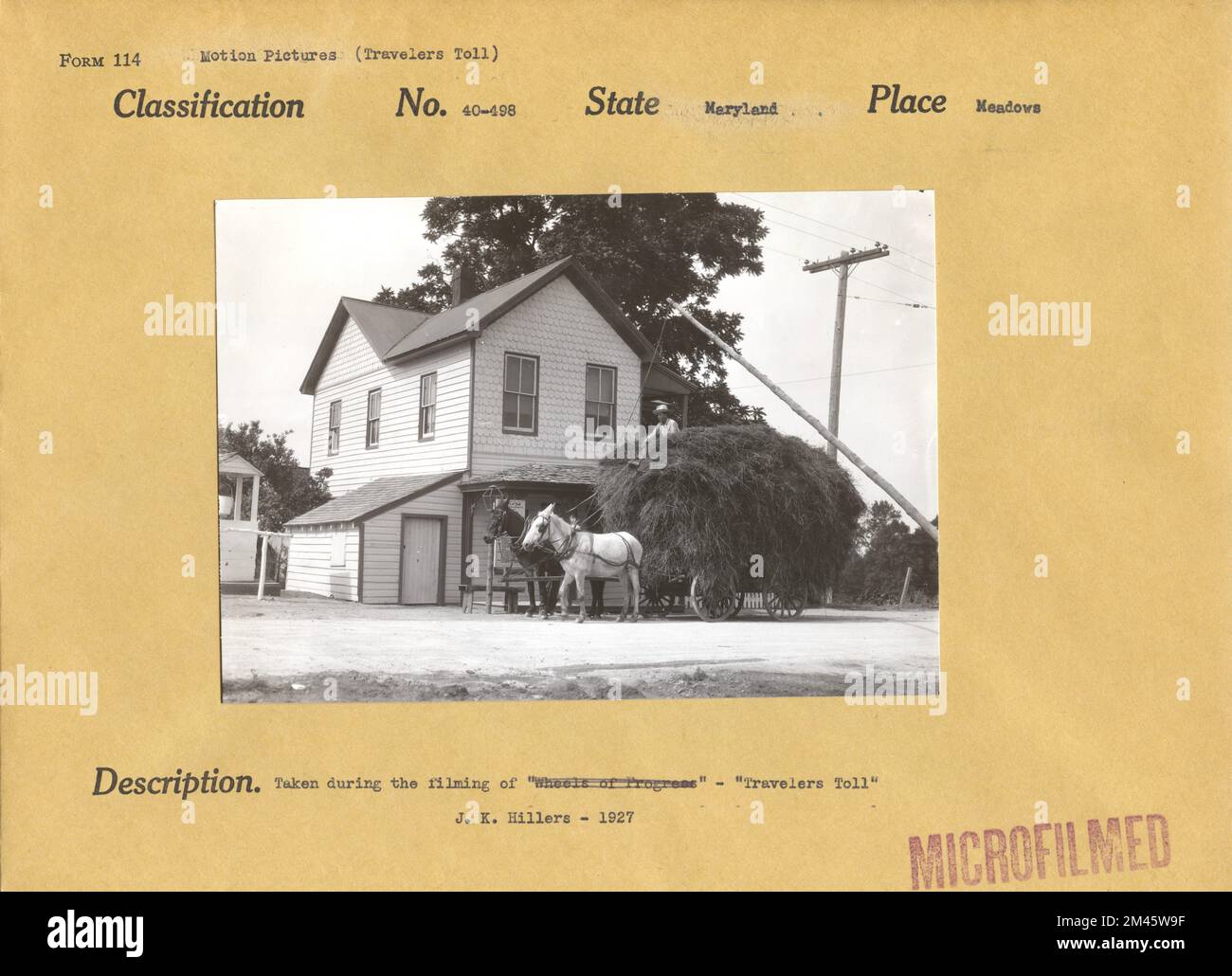 Photographie prise pendant le tournage de « Travelers Toll ». Légende originale : prise pendant le tournage de « Wheels of Progress » - « Travelers Toll ». J. K. Hillers - 1927. État: Maryland place: Meadows. Banque D'Images