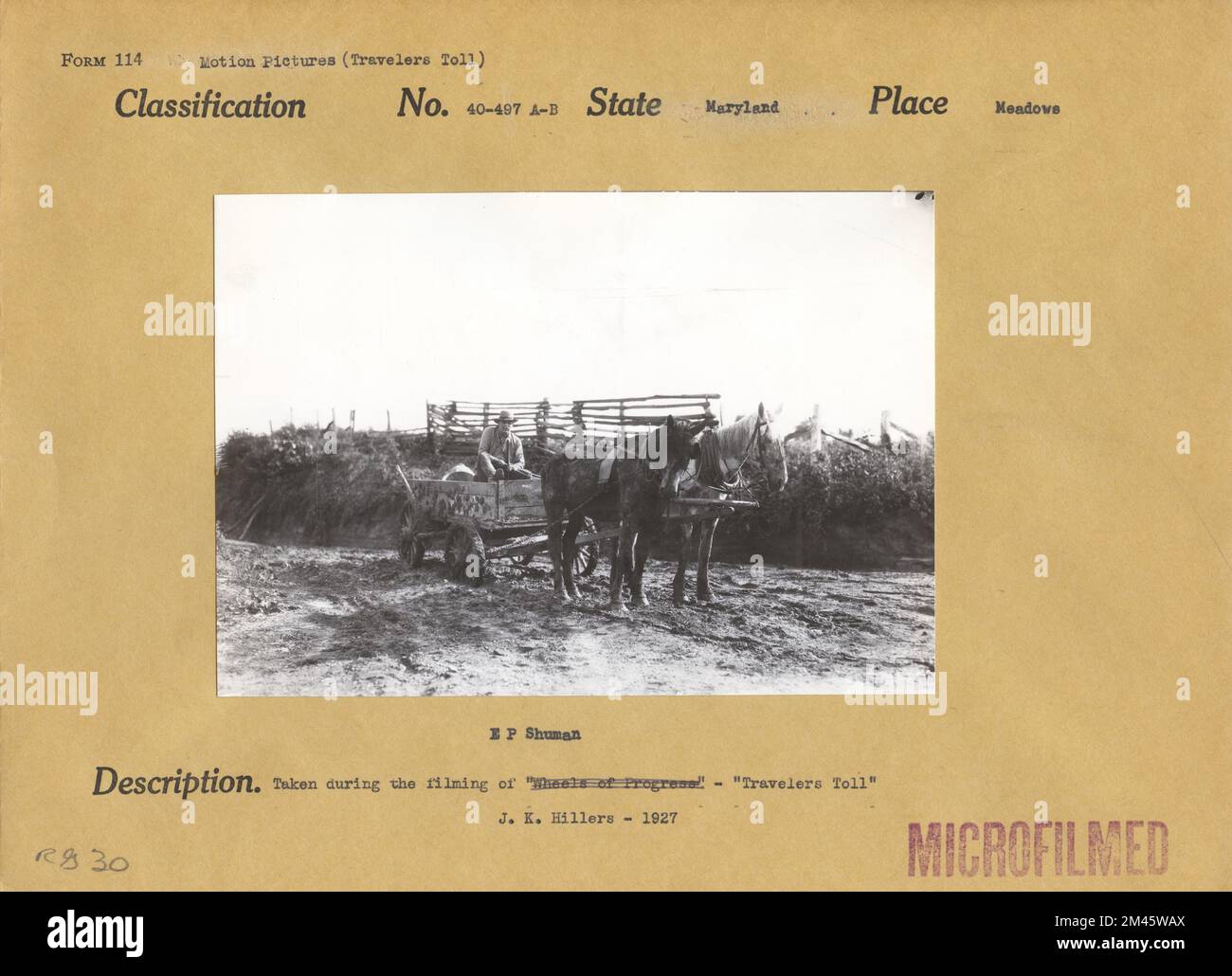 Photographie prise pendant le tournage de « Travelers Toll ». Légende originale : prise pendant le tournage de « Wheels of Progress » - « Travelers Toll ». J. K. Hillers - 1927. État: Maryland place: Meadows. Banque D'Images