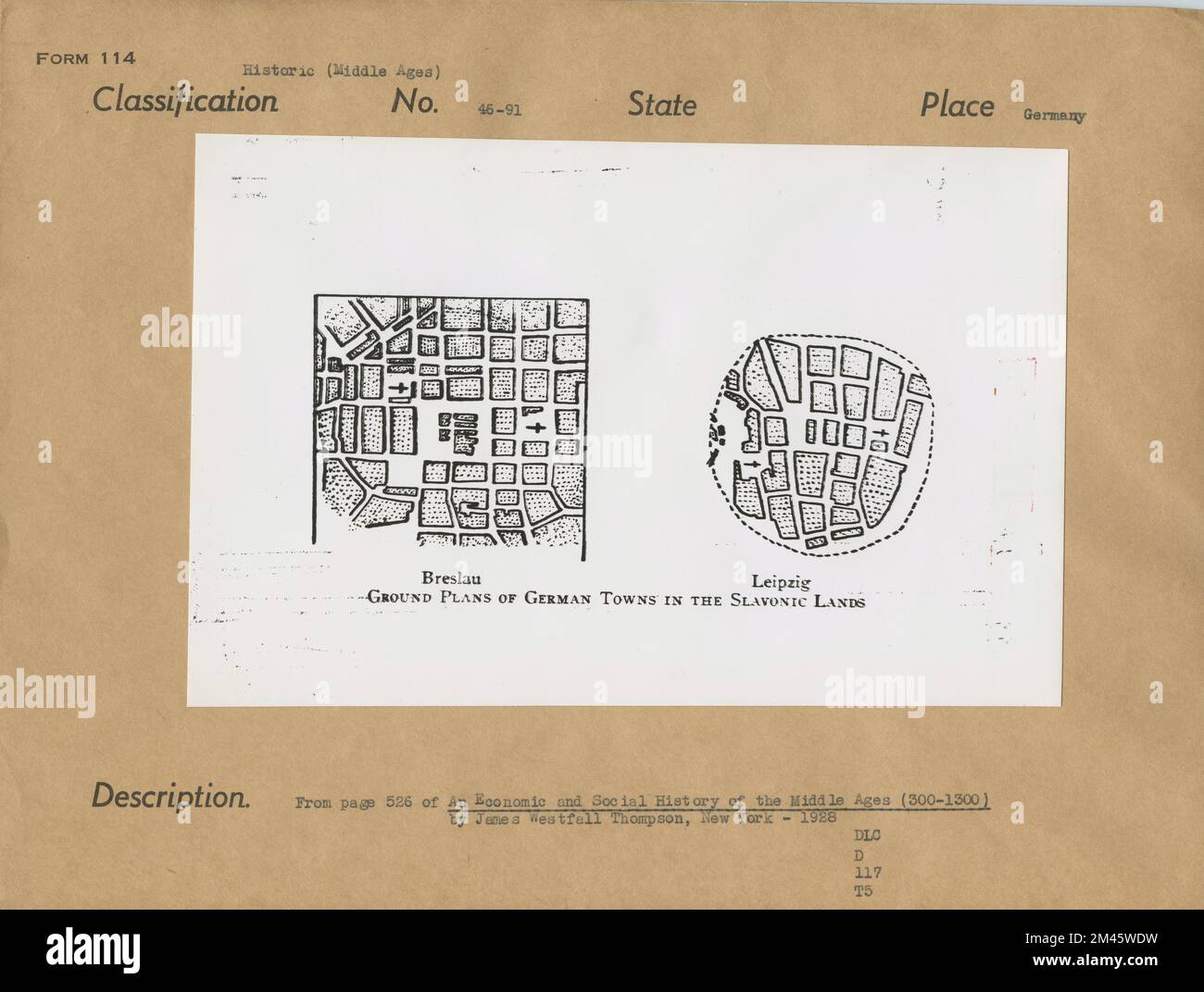 Plans de terrain des villes allemandes sur les terres slaves - Breslau, Leipzig. Légende originale : de la page 526 d'une histoire économique et sociale du Moyen-âge (300-1300) par James Westfall Thompson. New York - 1928. Lieu: Allemagne. Banque D'Images