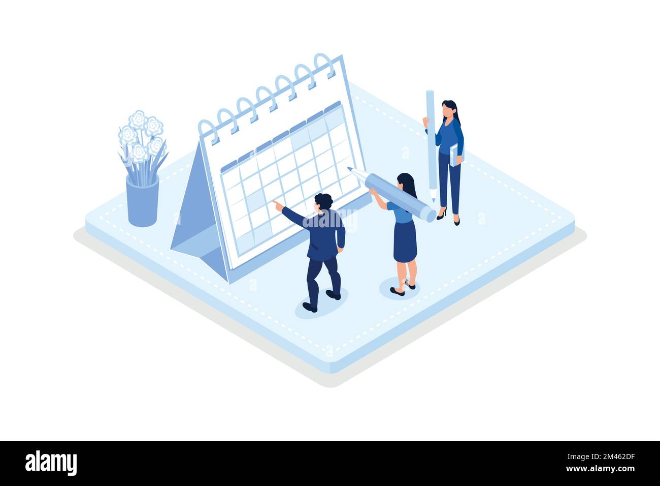 Scènes de gestion du temps et de planification des horaires. Personnages gérant le temps de travail et de vie, organisant les tâches quotidiennes et plaçant des repères sur le calendrier, isométrique v Illustration de Vecteur