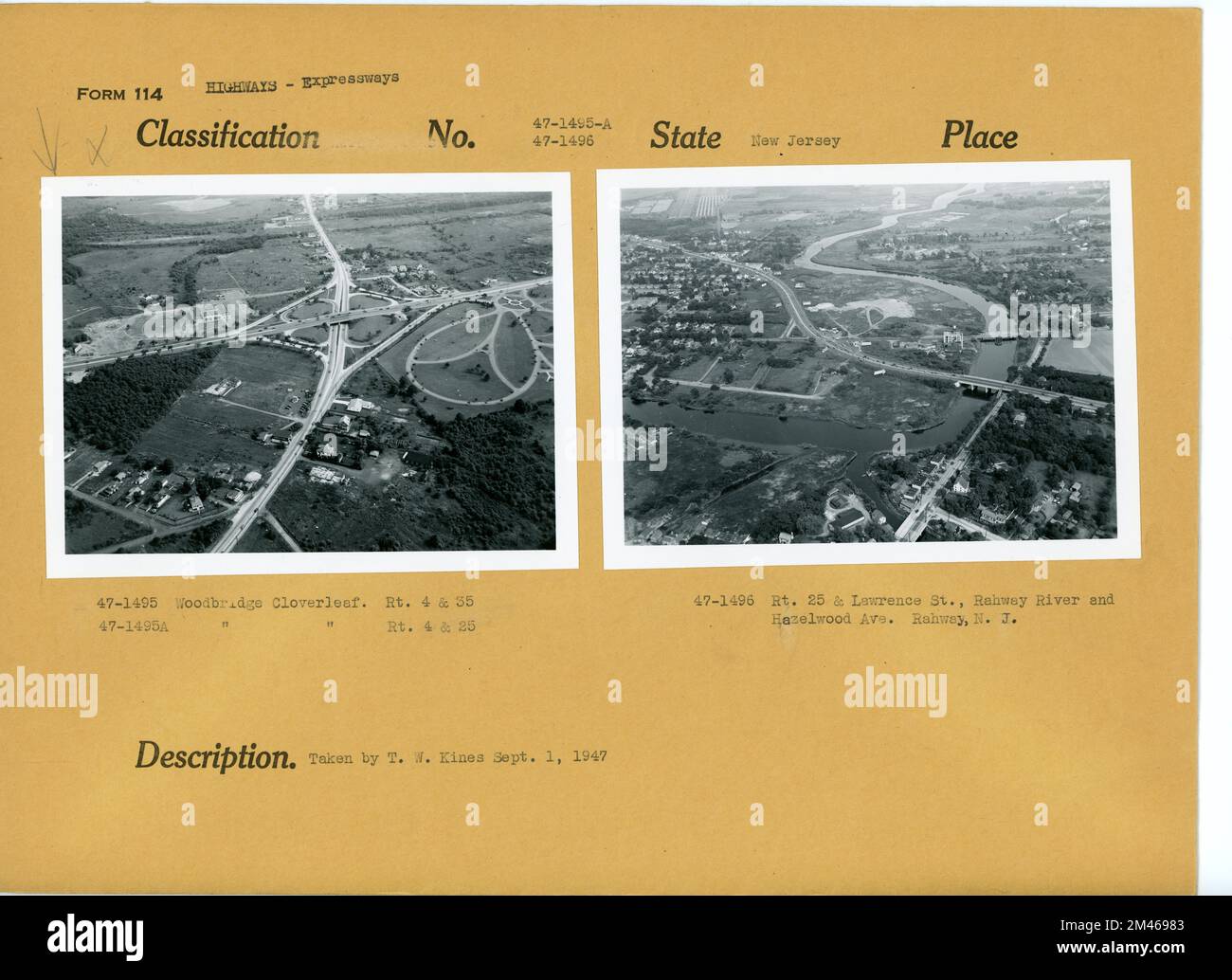 Woodbridge Cloverleaf, route 25 et Lawrence Street. Légende originale: 47-1495 - Woodbridge Cloverleaf. Routes 4 et 35. Légende originale : 47-1496 - route 25 et Lawrence St., Rahway River et Hazelwood Ave Rahway, N.J. Prise par T. W. Kines le 1 septembre 1947. État: New Jersey. Banque D'Images