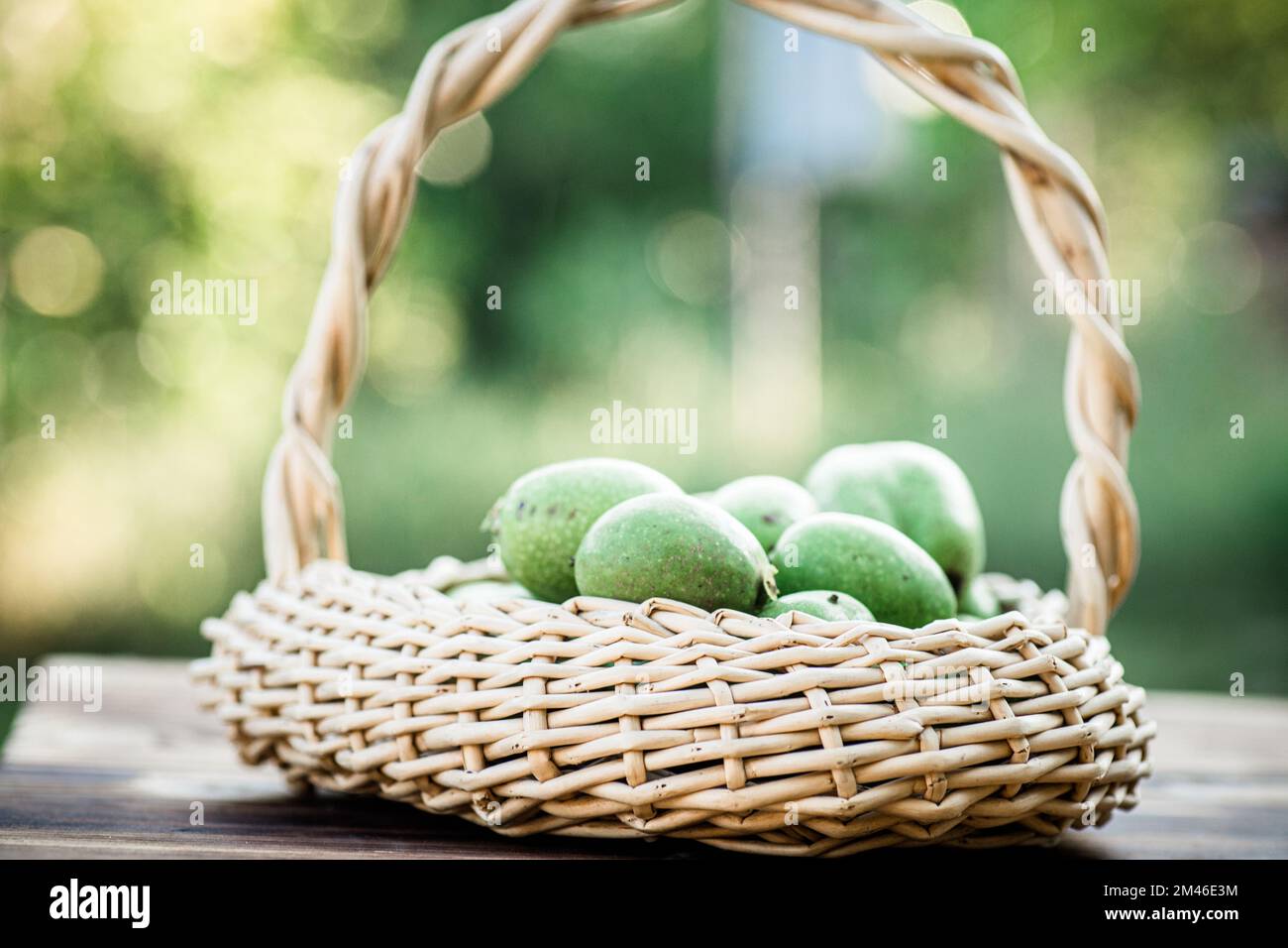 Noix vertes dans un panier en osier. Collection d'ingrédients pour des aliments sains. Ancienne table vintage et fruits de noyer entiers non mûrs. Banque D'Images