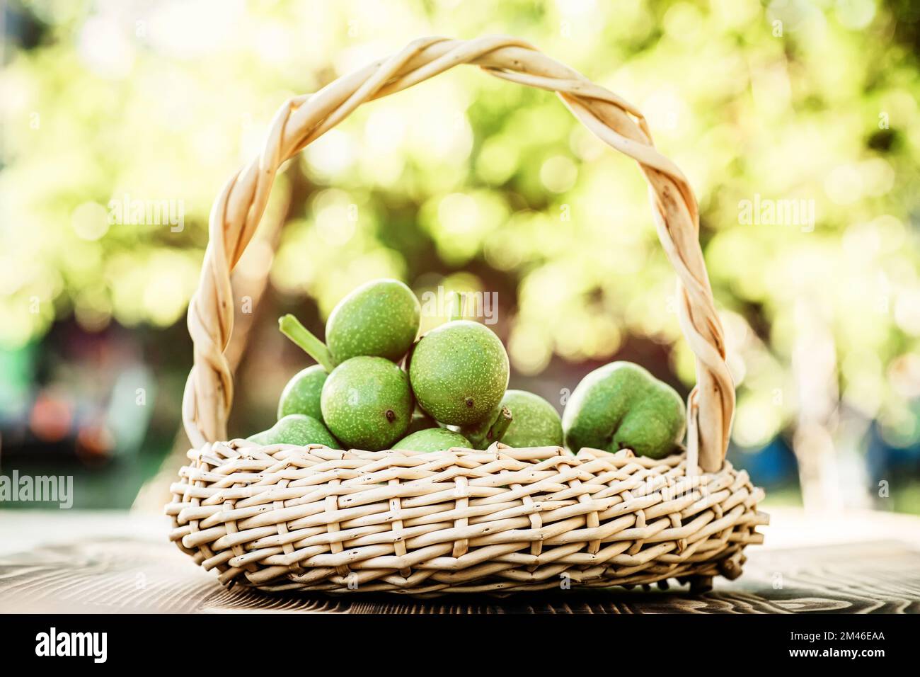 Noix vertes dans un panier en osier. Collection d'ingrédients pour des aliments sains. Ancienne table vintage et fruits de noyer entiers non mûrs. Banque D'Images