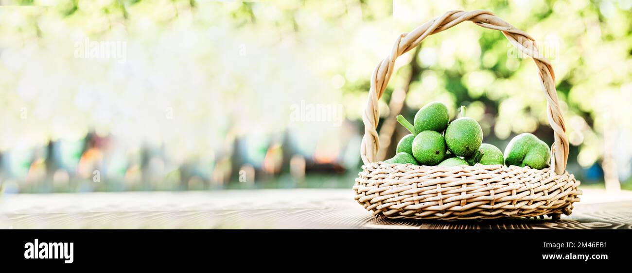 Noix vertes dans un panier en osier. Collection d'ingrédients pour des aliments sains. Ancienne table vintage et fruits de noyer entiers non mûrs. Banque D'Images