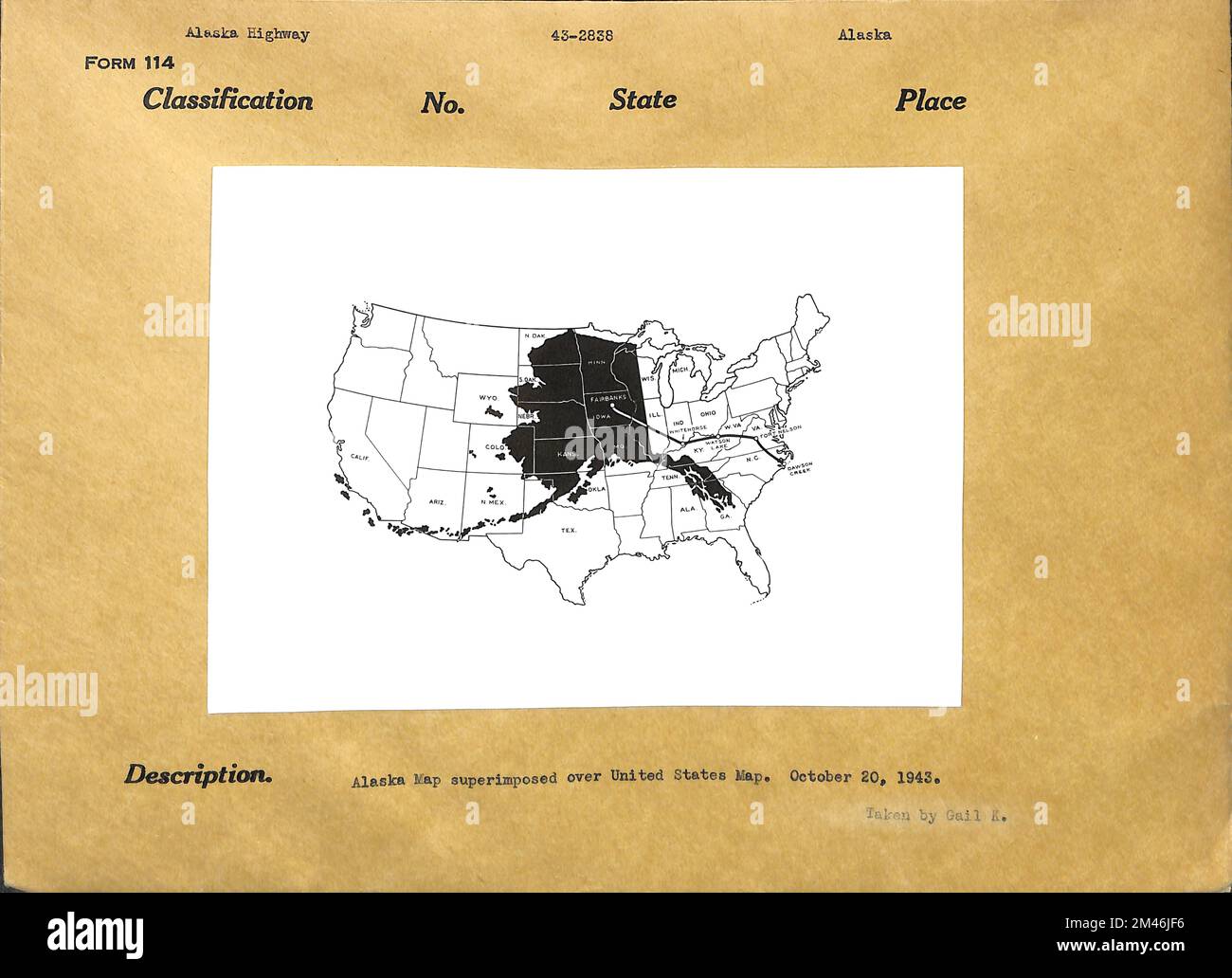 Carte de l'Alaska. Légende originale : carte de l'Alaska superposée à la carte des États-Unis. État: Alaska. Banque D'Images