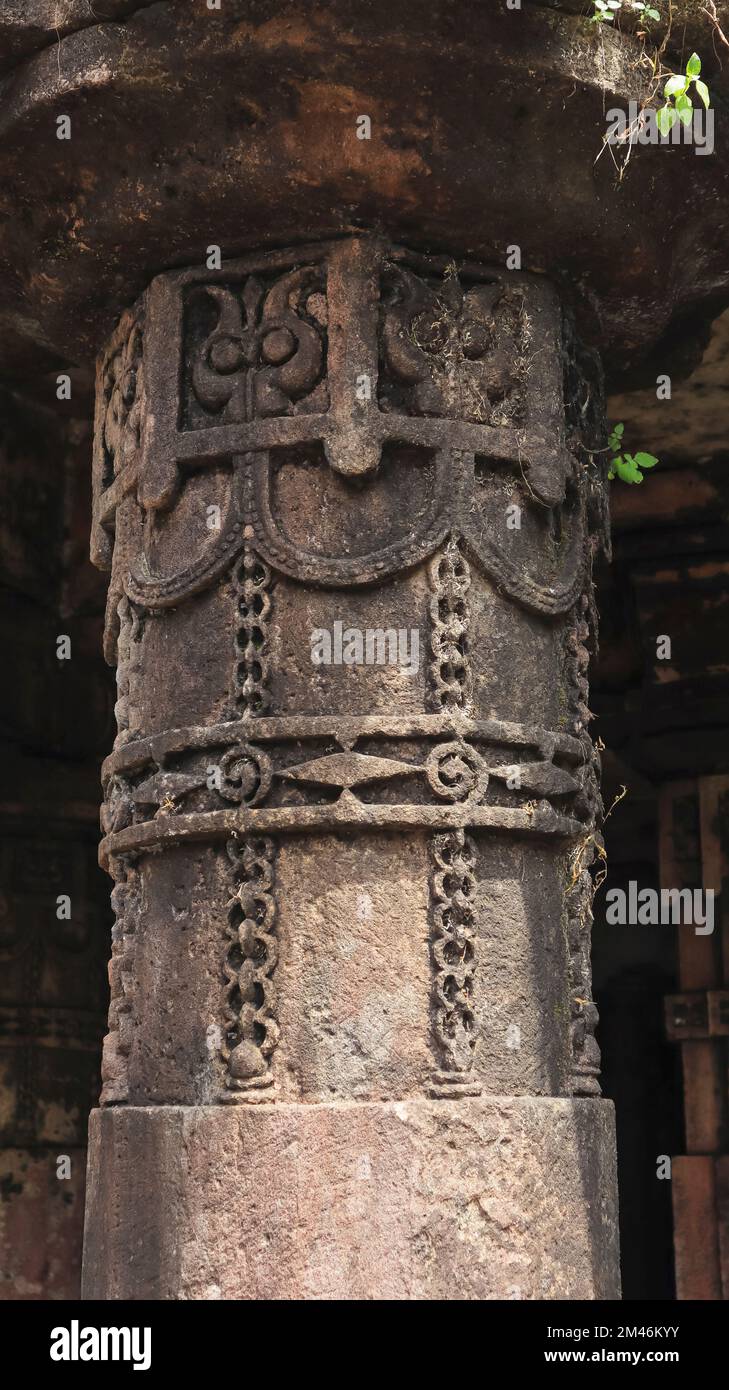 Sculptures sur le temple de Shri Sharneshwar Mahadev, forêt de polo, Samarkantha, Gujarat, Inde. Banque D'Images