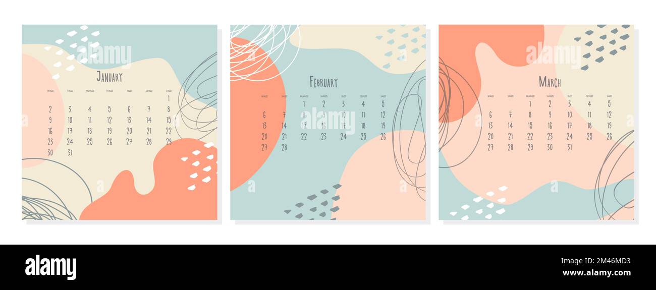 Ensemble de 2023 modèle de calendrier par mois janvier février Mars , concept de couverture de calendrier, illustration abstraite de style boho. Illustration vectorielle Illustration de Vecteur