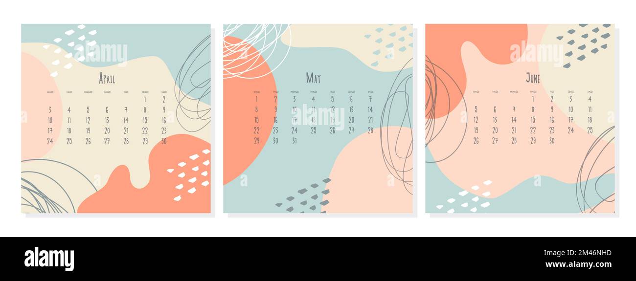 Ensemble de 2023 modèle de calendrier par mois avril Mai juin , concept de couverture de calendrier, illustration abstraite de style boho. Illustration vectorielle Illustration de Vecteur