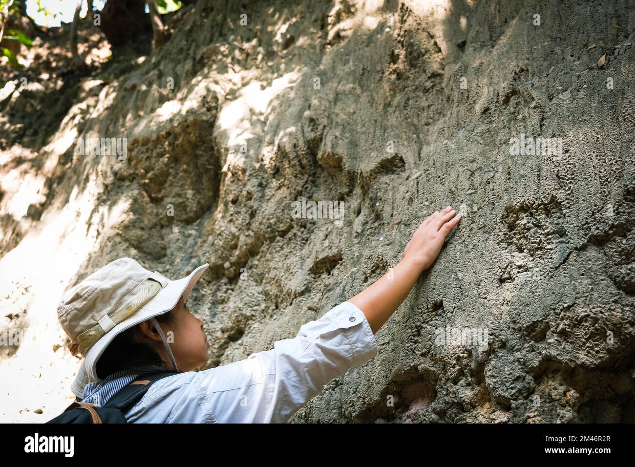 Femme géologue avec sac à dos explorant le sentier de la nature en forêt et analysant le rocher ou le gravier. Les chercheurs recueillent des échantillons de matériel biologique. Env Banque D'Images