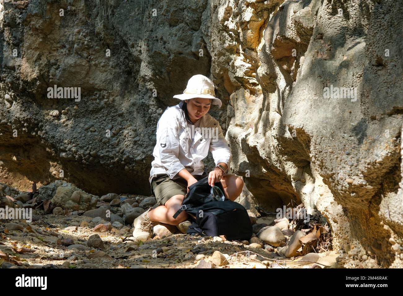 Une géologue féminine utilisant une loupe examine la nature, analysant des roches ou des cailloux. Les chercheurs recueillent des échantillons de matériel biologique. Environnement Banque D'Images