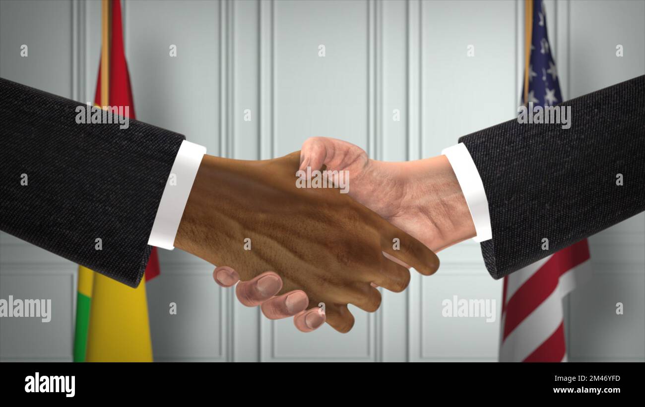 Accord de partenariat avec le Mali et les États-Unis. Drapeaux du gouvernement national. Illustration de la poignée de main de la diplomatie officielle 3D. Accord homme d'affaires Shake Hands. Banque D'Images