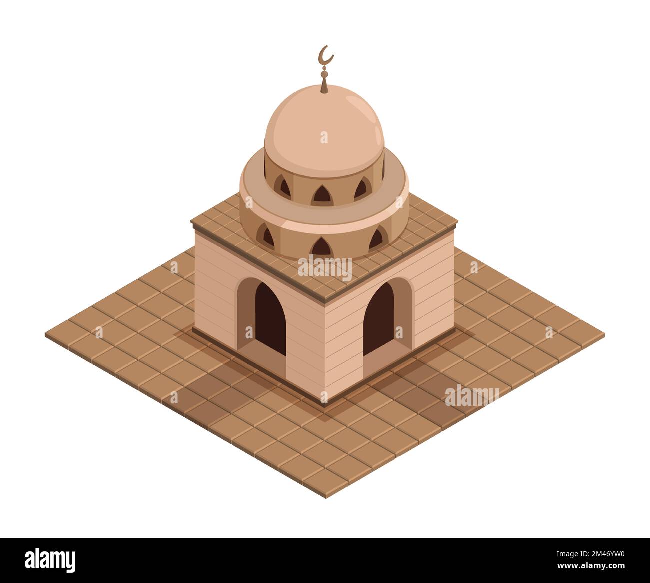 Ancien temple, mosquée musulmane isométrique avec murs en pierre, dôme et croissant. Bâtiment religieux pour les prières plat. Réaliste 3D vecteur est Illustration de Vecteur