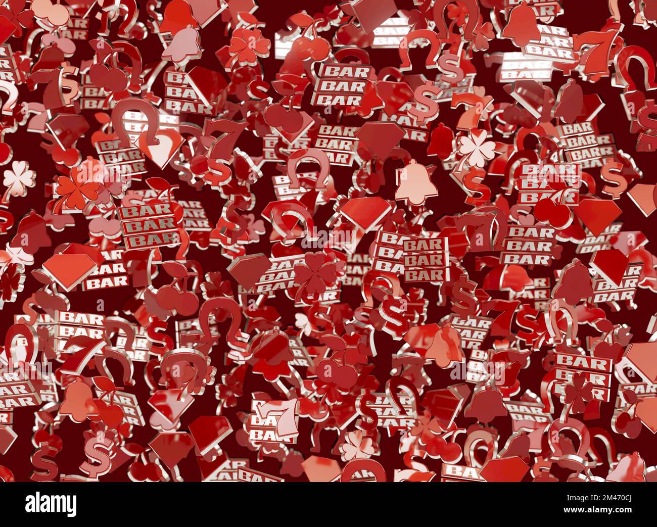 Un tableau de la barre de casino rouge et argent, sept symboles de cerisier et de fer à cheval flottant dans l'air sur un fond sombre - rendu 3D Banque D'Images