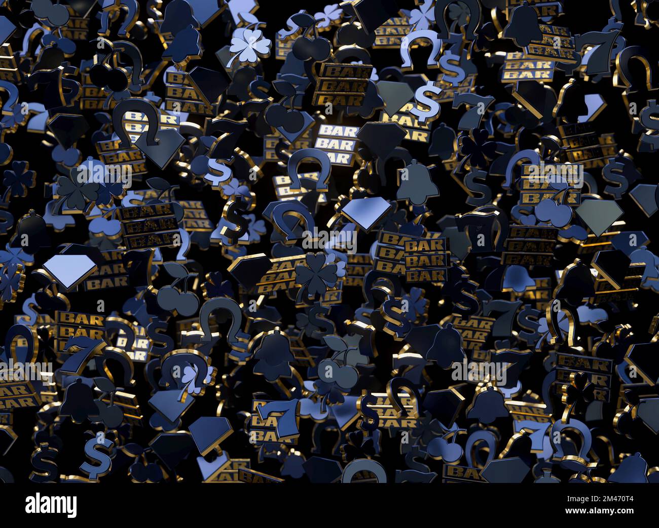 Un tableau de la barre de casino bleu et or, sept symboles de cerisier et de fer à cheval flottant dans l'air sur un fond sombre - rendu 3D Banque D'Images