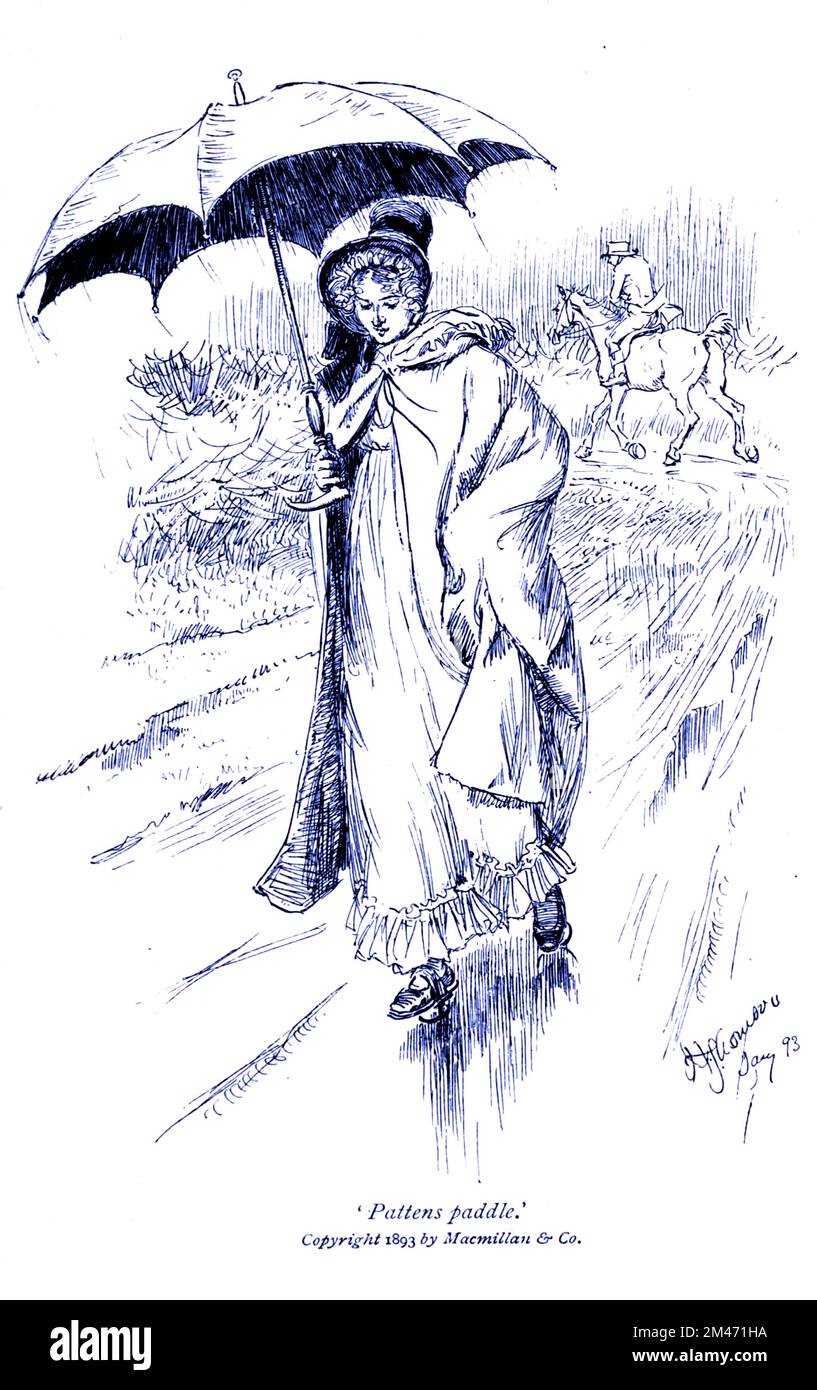 Pattens paddle illustré par Hugh Thomson pour notre village est une collection d'environ 100 croquis littéraires de la vie rurale écrits par Mary Russell Mitford (1787–1855), et publiés à l'origine au cours des 1820s et 1830s. La série est apparue pour la première fois dans le Lady's Magazine. Le titre complet est: Notre village: Croquis de caractère rural et de paysage. La série VIVID était basée sur la vie dans Three Mile Cross, un hameau de la paroisse de Shinfield (sud-est de Reading dans le Berkshire), où elle vivait. Publié par Macmillan il 1893 Banque D'Images
